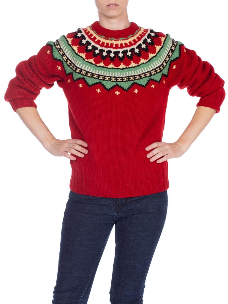 2000S Red Wool Hand Knit Native Pattern Sweater For Sale at 1stDibs