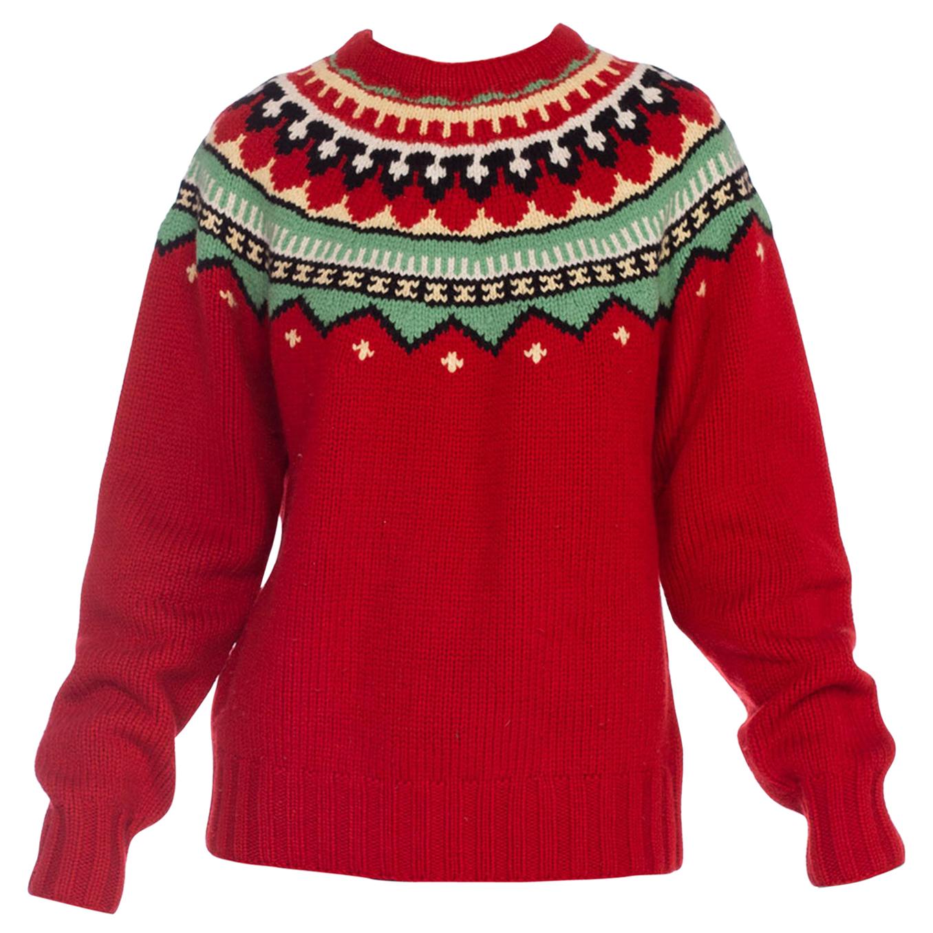 2000S Pull en laine rouge tricoté à la main à motif indigène en vente
