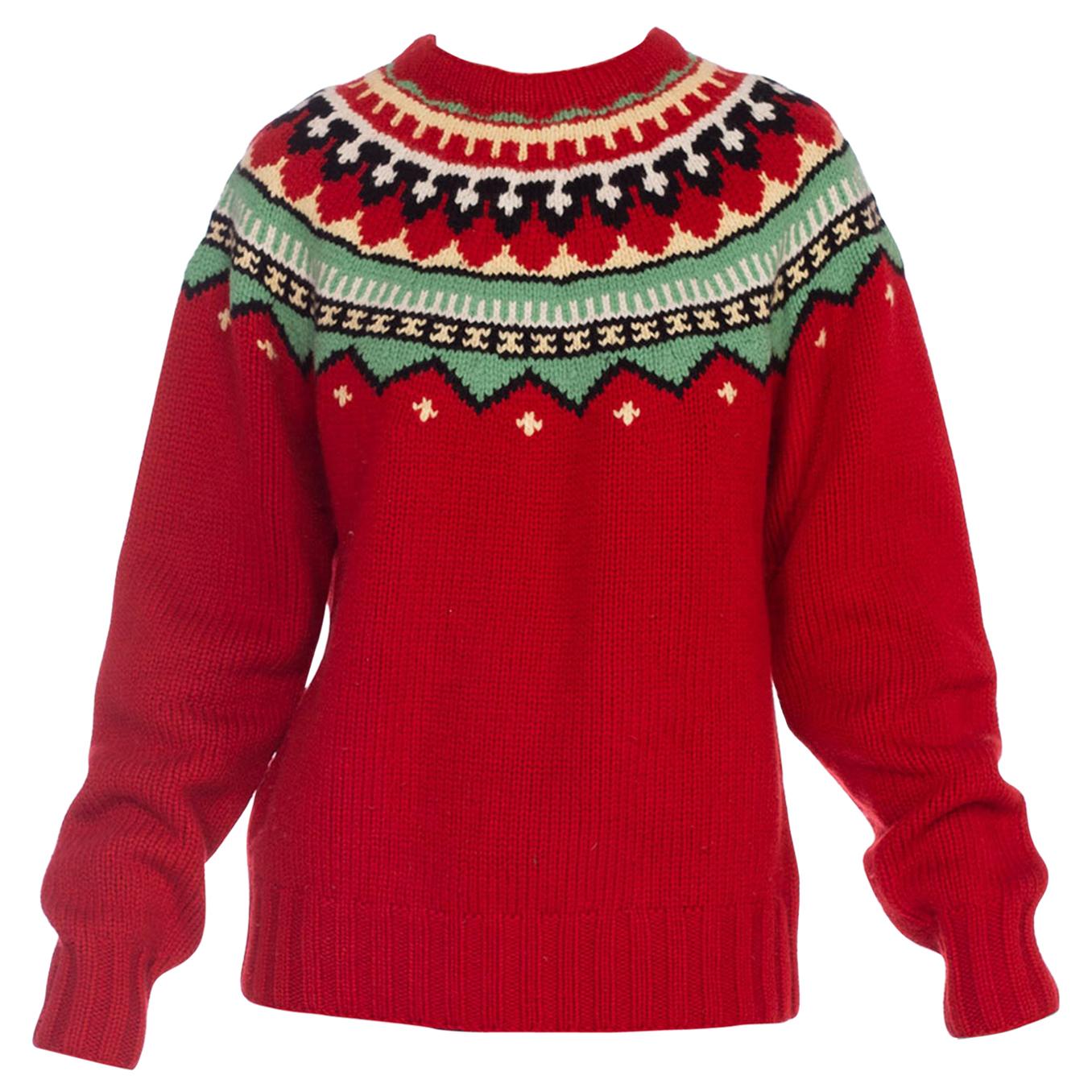 2000S Red Wool Hand Knit Native Pattern Sweater For Sale