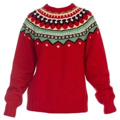2000S Red Wool Hand Knit Native Pattern Sweater