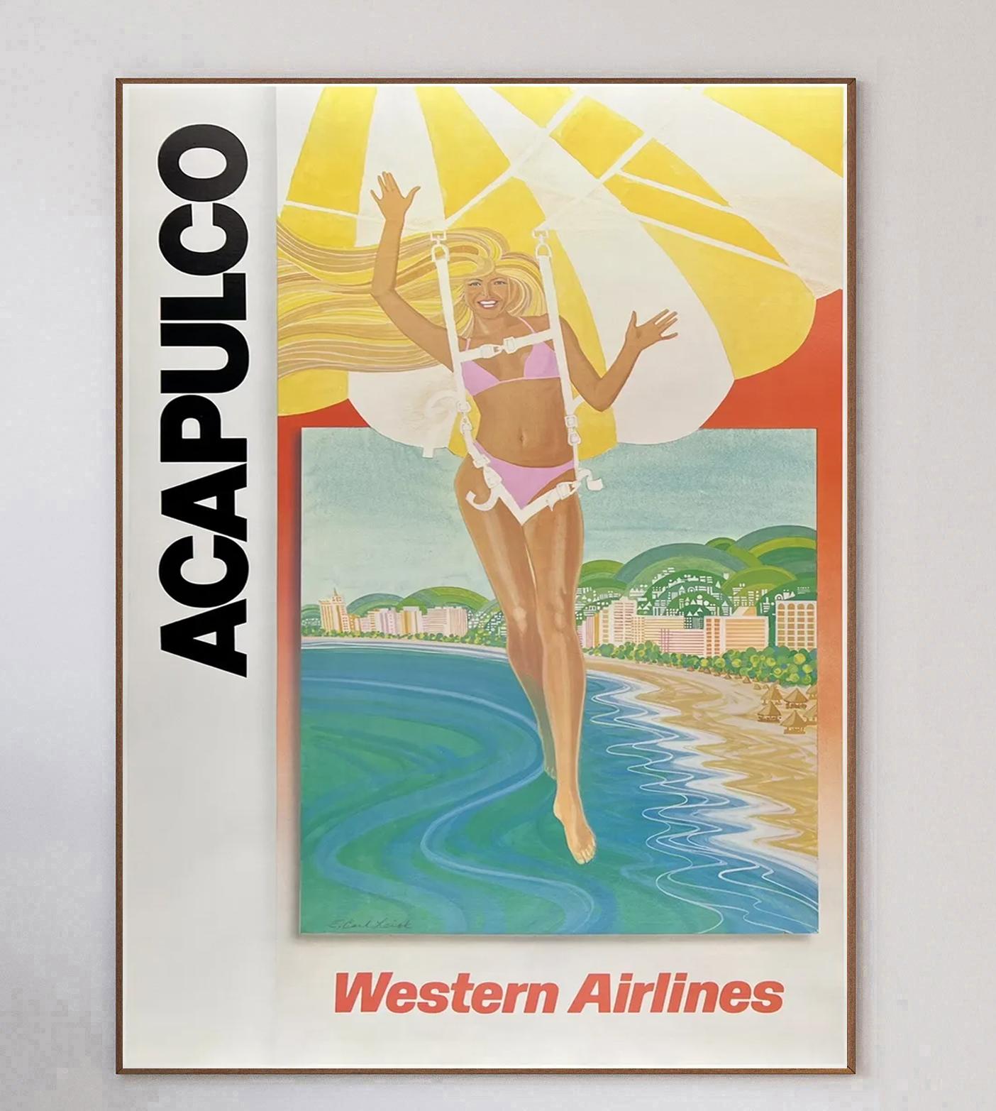 This beautiful and vibrant piece was created in 1980 to advertise Western Airlines routes to Acapulco. Featuring stunning artwork by E. Carl Leick depicting a woman paragliding over the beautiful beach, this poster for the Mexican coast destination