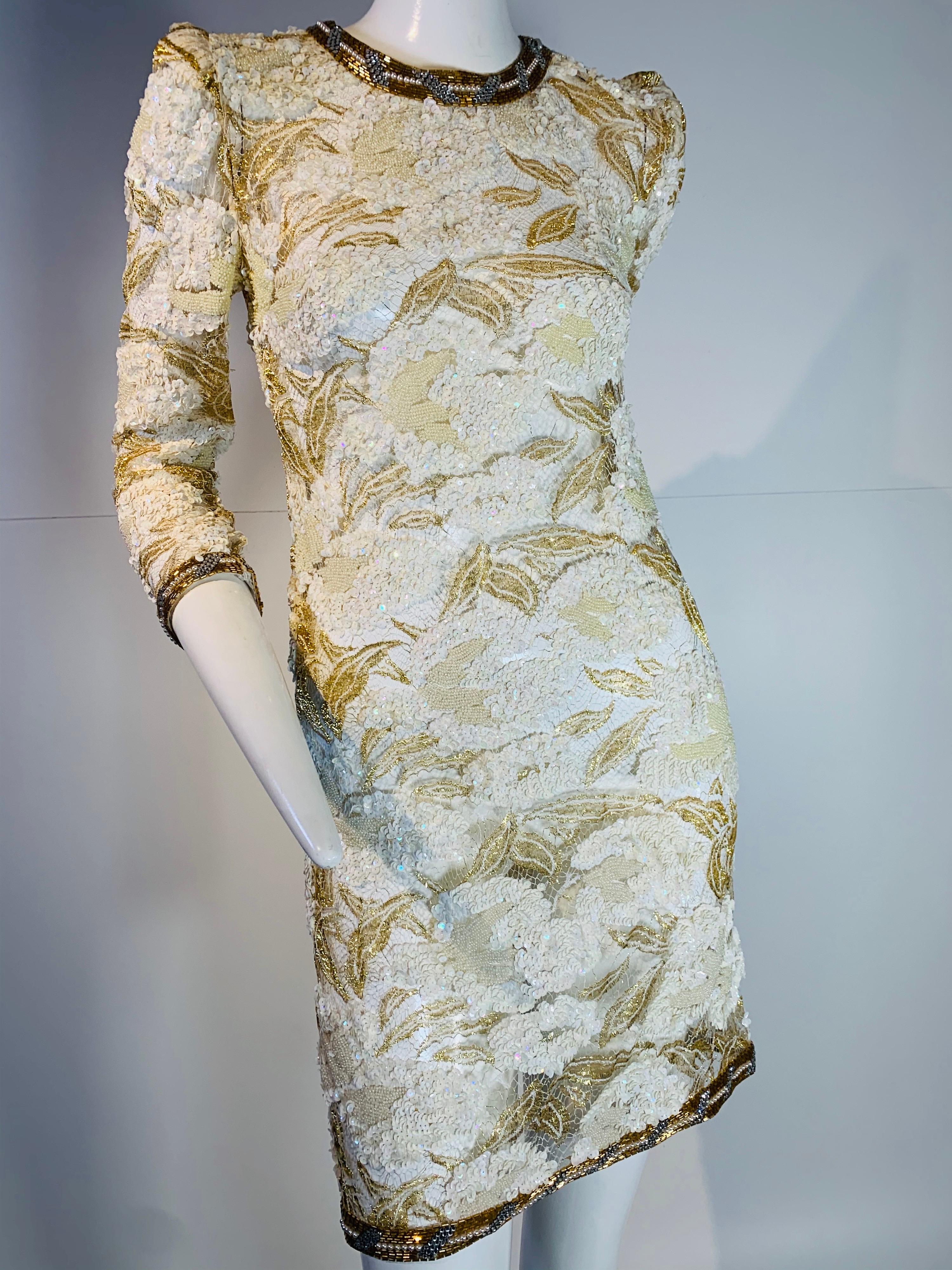 1980 Adolfo Gold Lace & Sequin Pouf Shoulder Cocktail Mini Dress Size 4 7