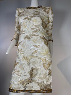 1980 Adolfo Gold Lace & Sequin Pouf Shoulder Cocktail Mini Dress Size 4