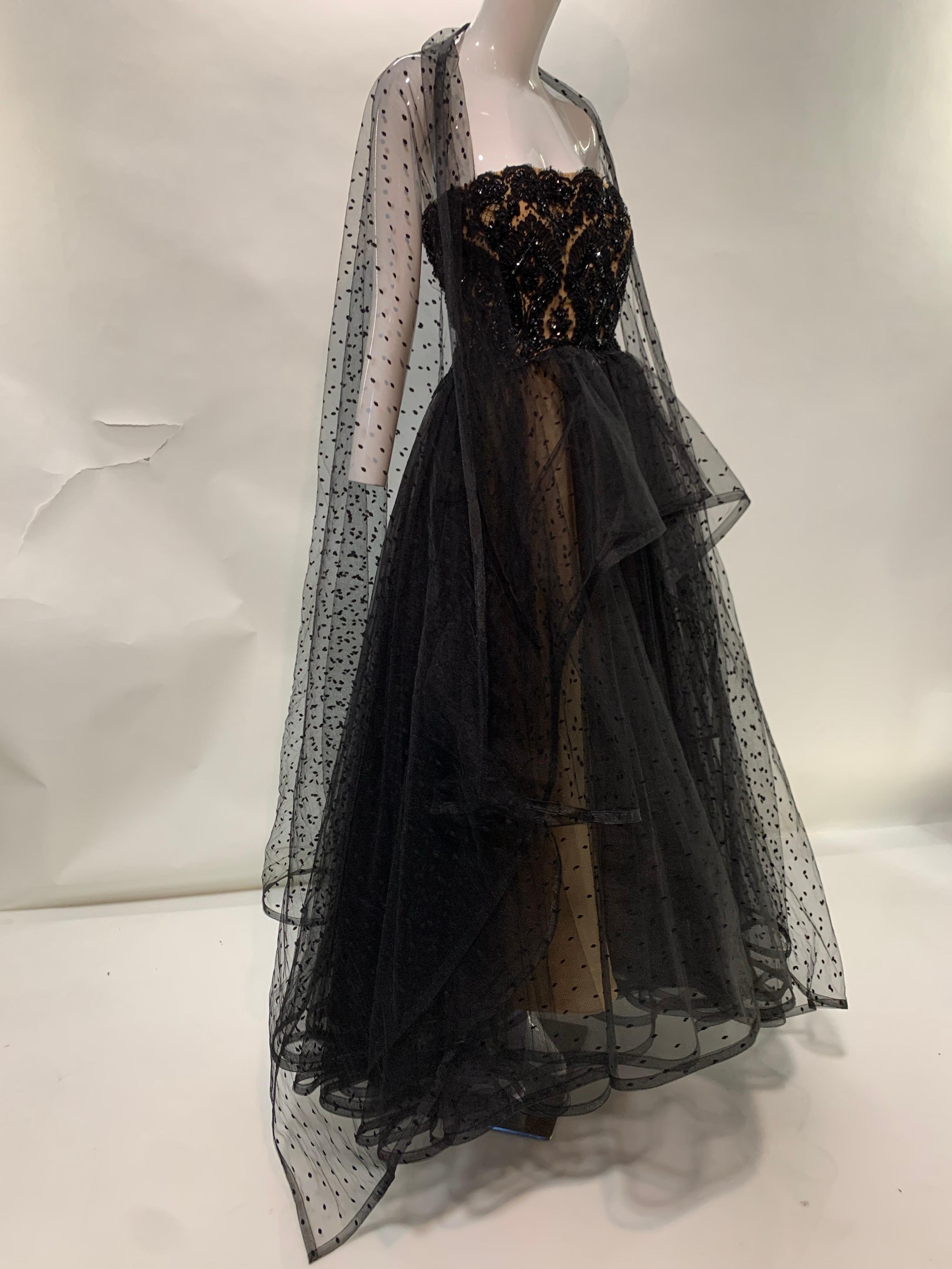 1980 Albert Capraro Couture Black Tulle & Beaded Lace Strapless Gown w/ Foulard 5