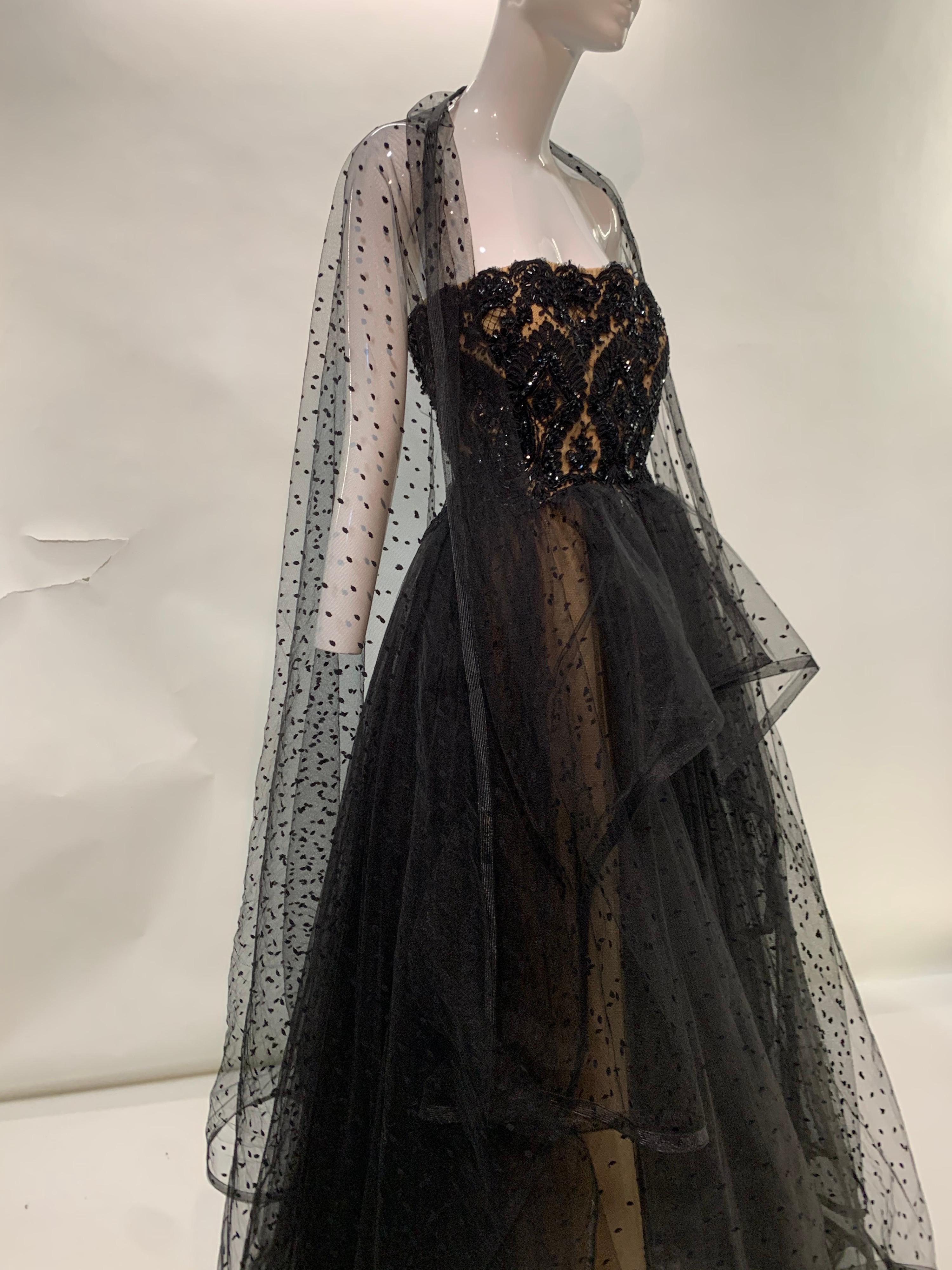 1980 Albert Capraro Couture Black Tulle & Beaded Lace Strapless Gown w/ Foulard 6