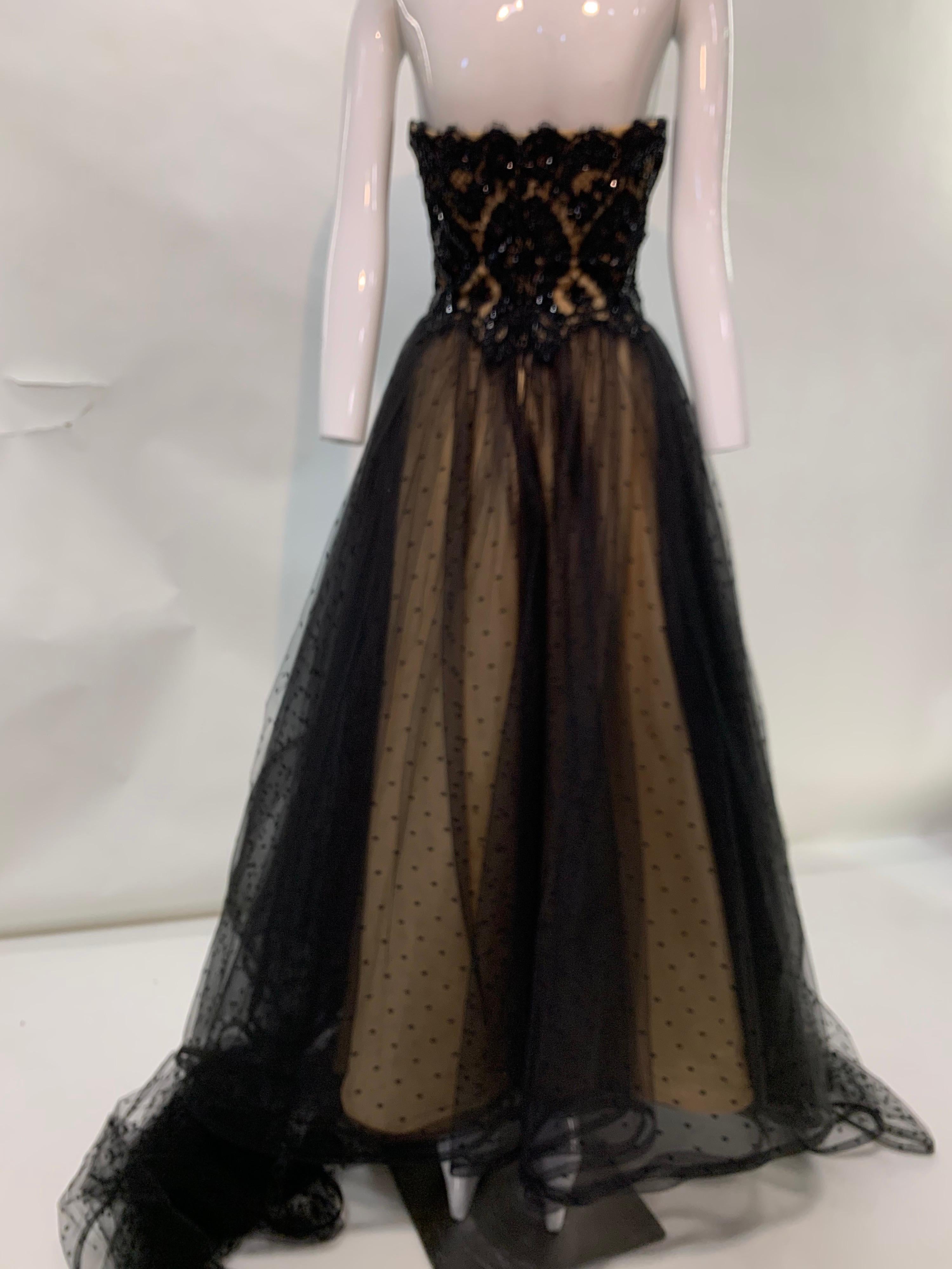1980 Albert Capraro Couture Black Tulle & Beaded Lace Strapless Gown w/ Foulard 8