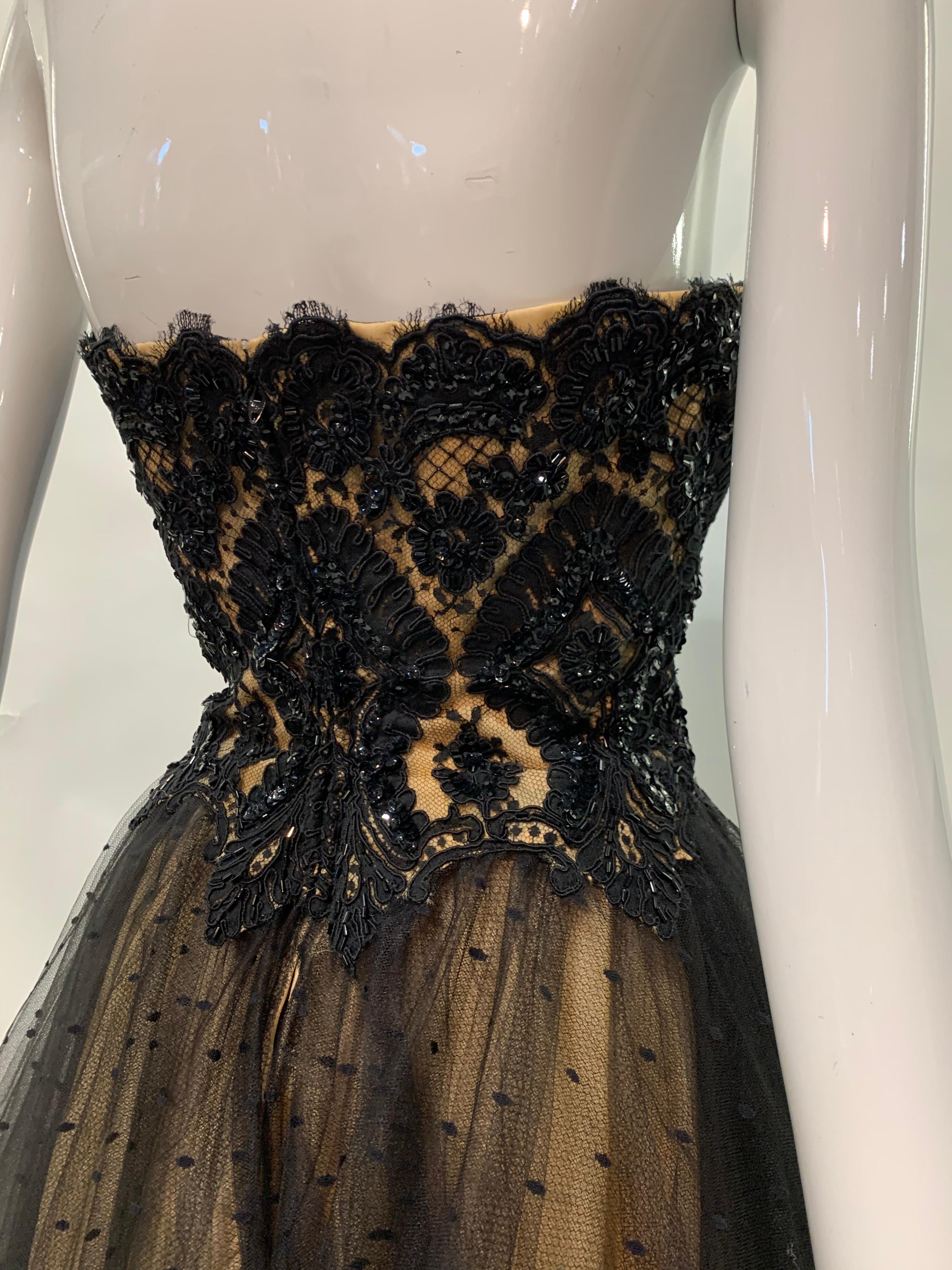 1980 Albert Capraro Couture Black Tulle & Beaded Lace Strapless Gown w/ Foulard 9