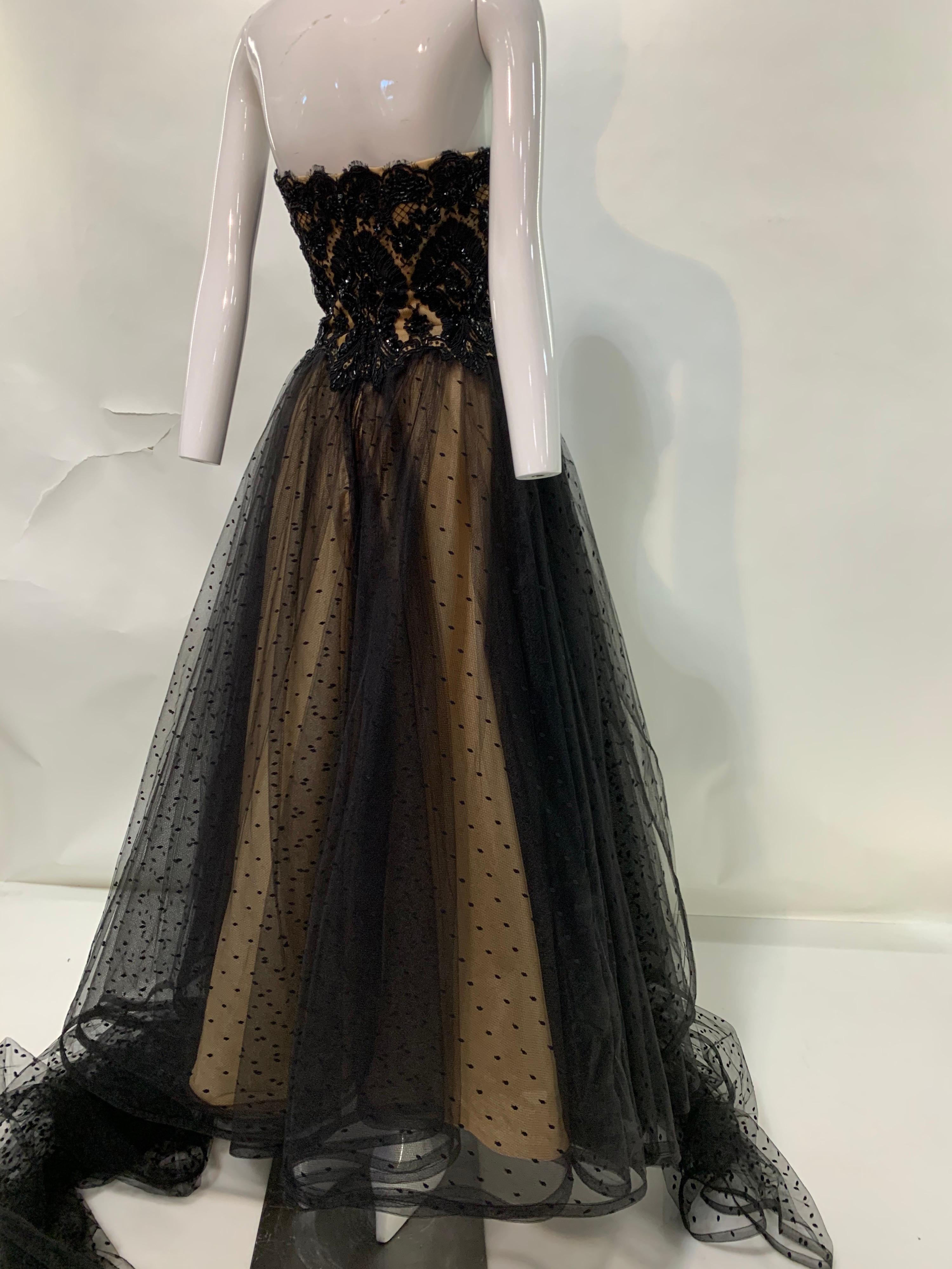 1980 Albert Capraro Couture Black Tulle & Beaded Lace Strapless Gown w/ Foulard 11