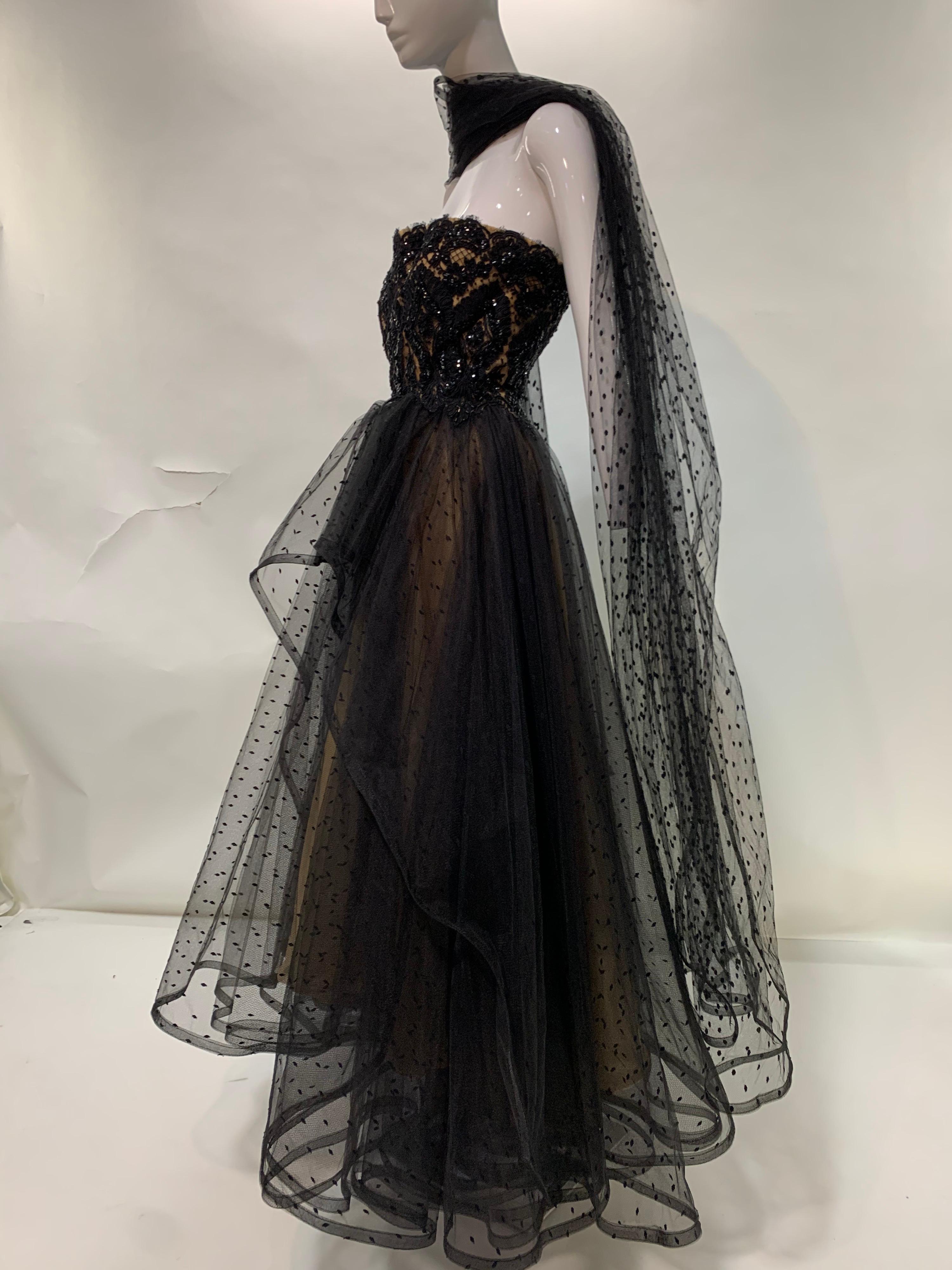 1980 Albert Capraro Couture Black Tulle & Beaded Lace Strapless Gown w/ Foulard 12