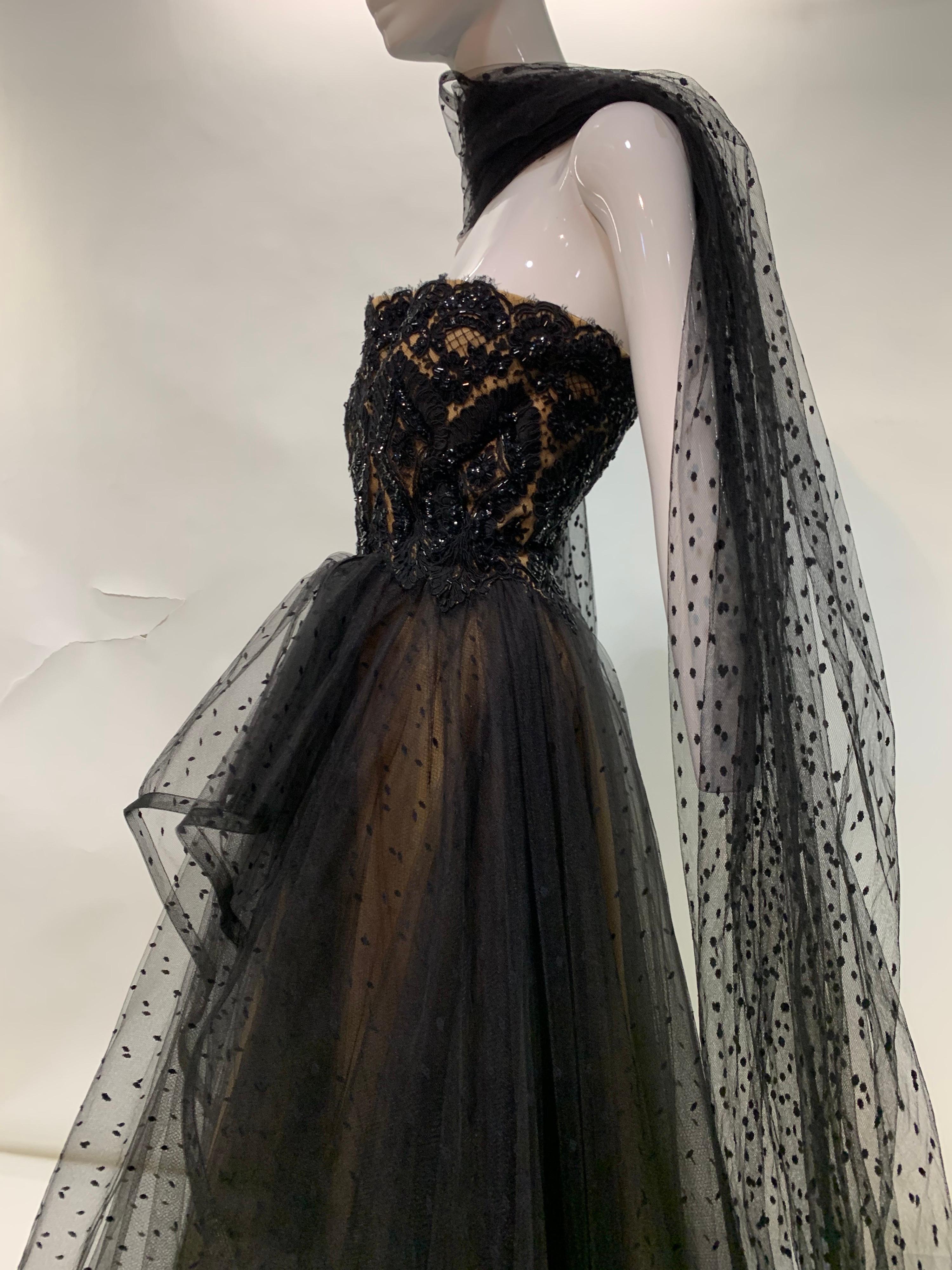 1980 Albert Capraro Couture Black Tulle & Beaded Lace Strapless Gown w/ Foulard 13