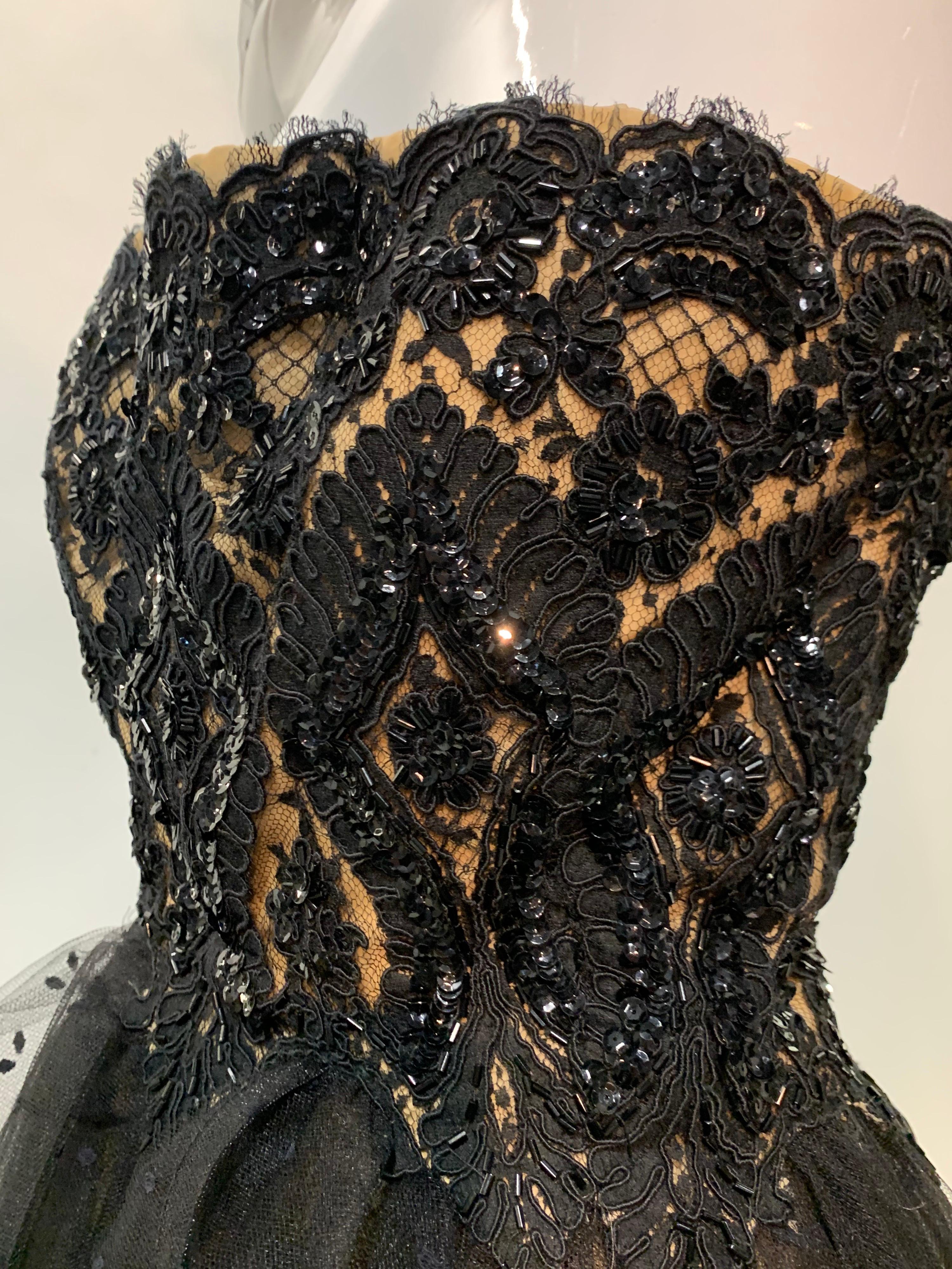 1980 Albert Capraro Couture Black Tulle & Beaded Lace Strapless Gown w/ Foulard 14