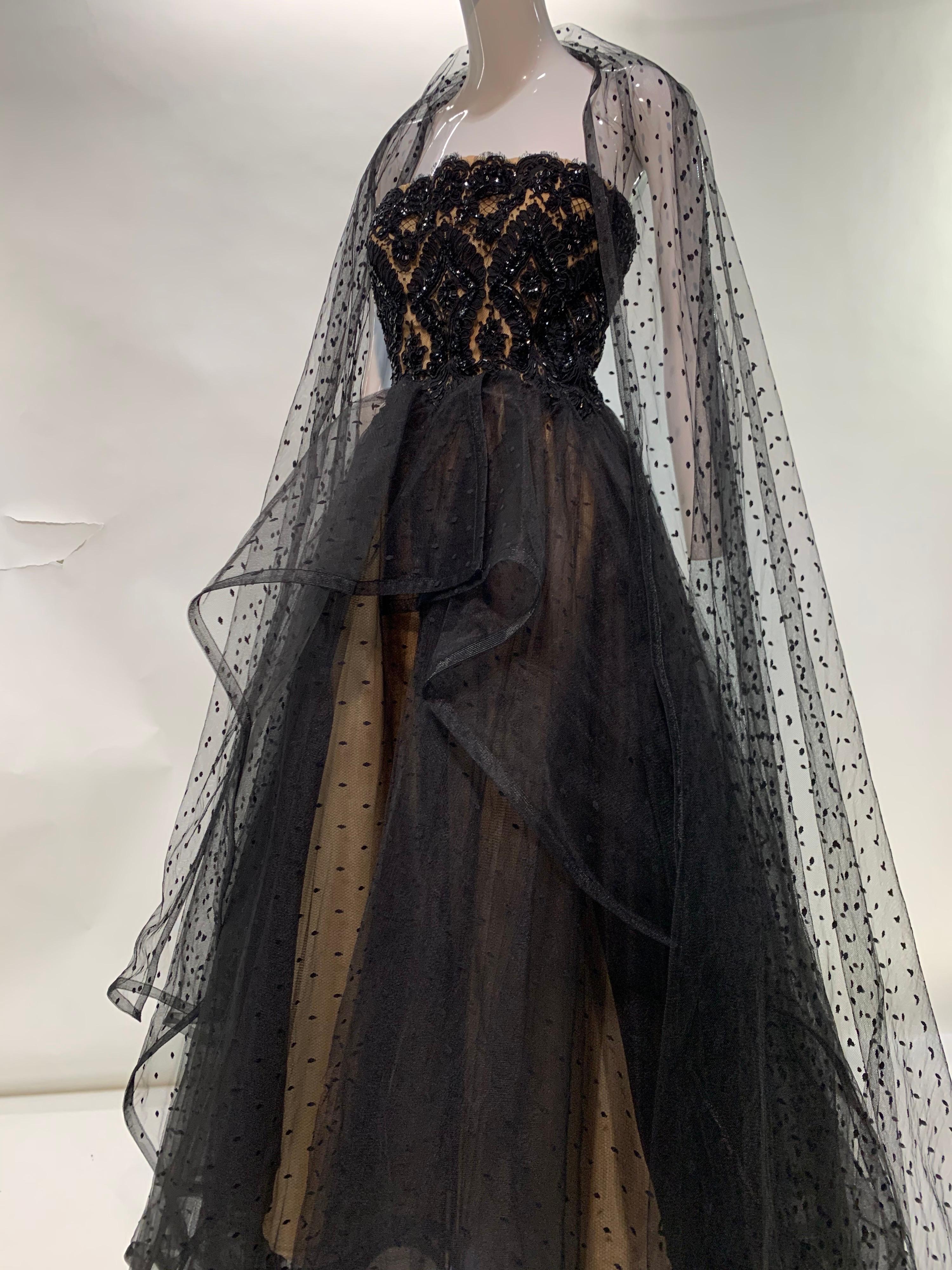 1980s Albert Capraro Couture black silk tulle and lace strapless gown with matching tulle foulard. Embellished, boned and structured bodice lined in 