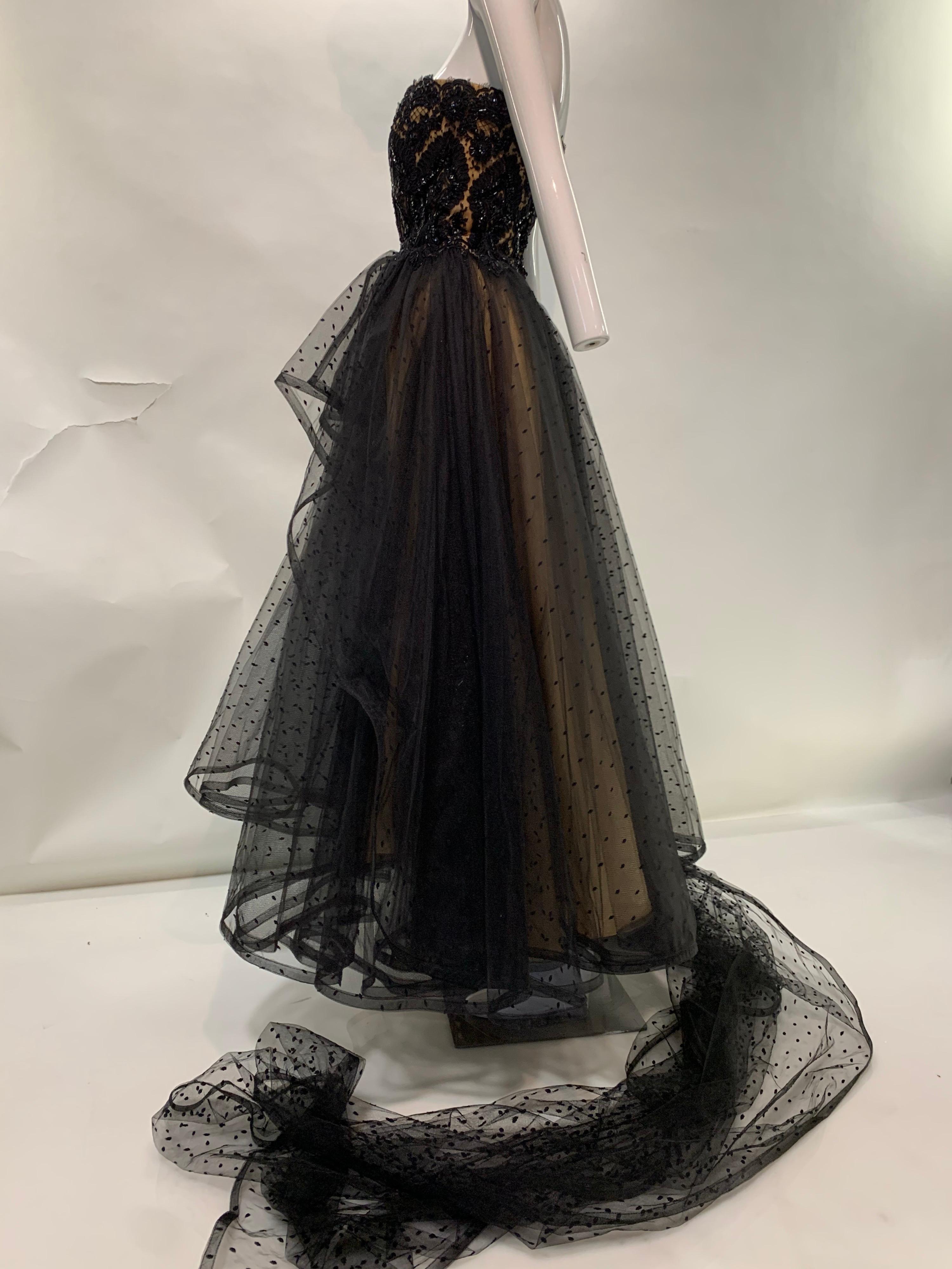 1980 Albert Capraro Couture Black Tulle & Beaded Lace Strapless Gown w/ Foulard 2