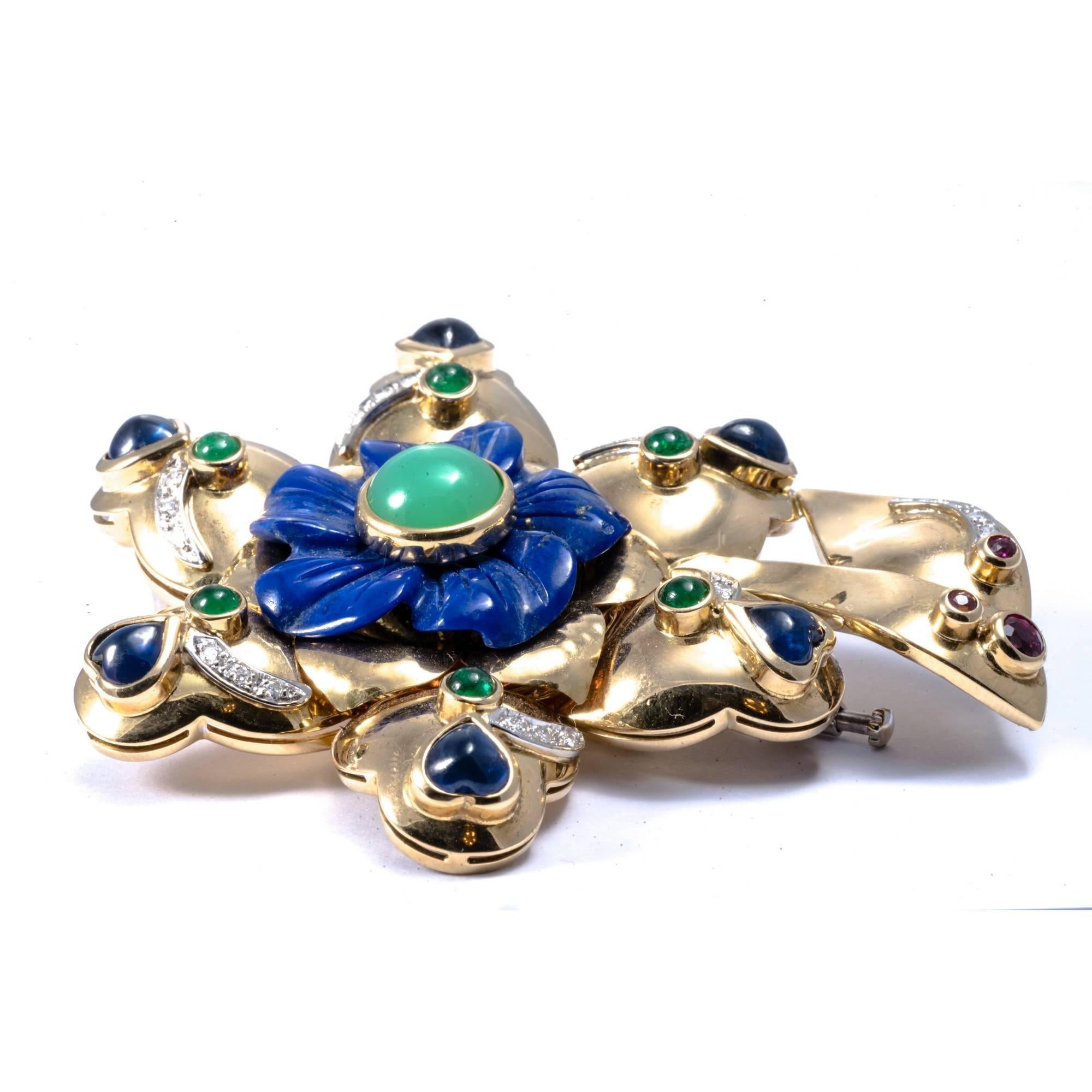 1980 American Flower Gold Sapphire Emerald Ruby Lapis Diamond Necklace Enhancer For Sale 7