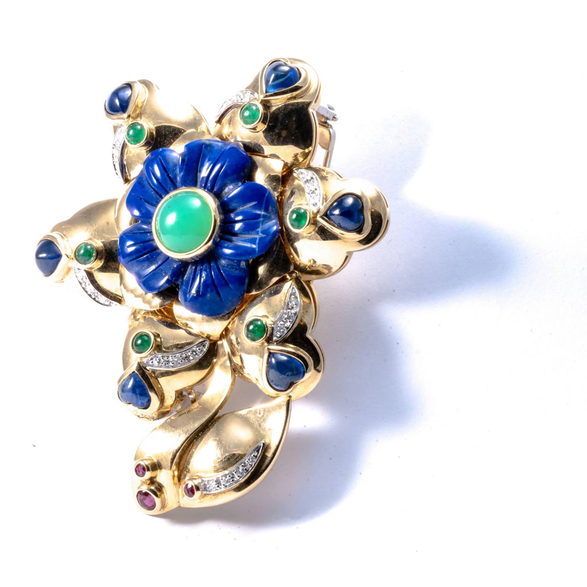 1980 American Flower Gold Sapphire Emerald Ruby Lapis Diamond Necklace Enhancer For Sale 2