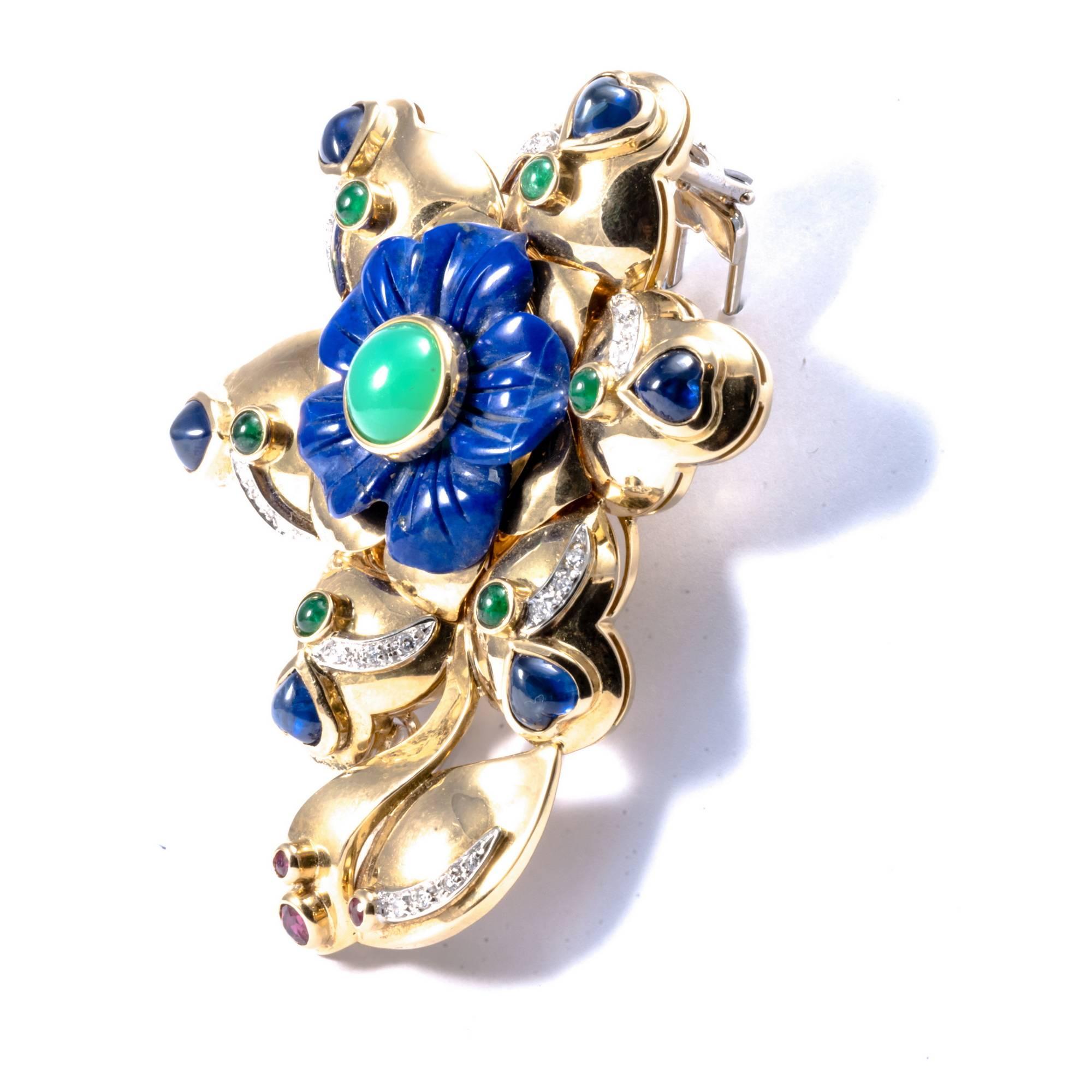 1980 American Flower Gold Sapphire Emerald Ruby Lapis Diamond Necklace Enhancer For Sale 3