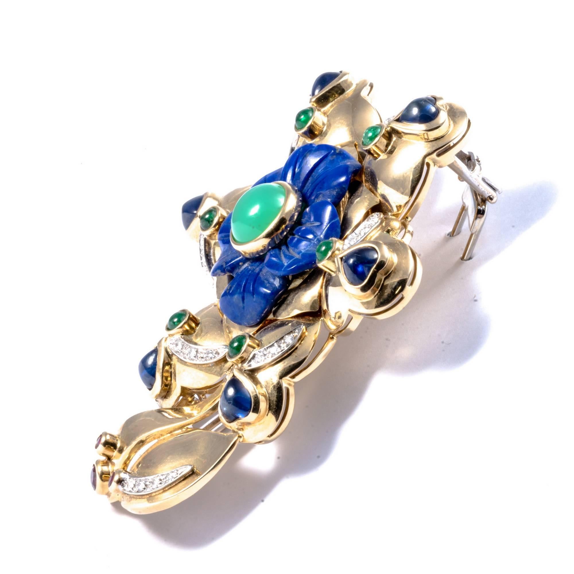 1980 American Flower Gold Sapphire Emerald Ruby Lapis Diamond Necklace Enhancer For Sale 4