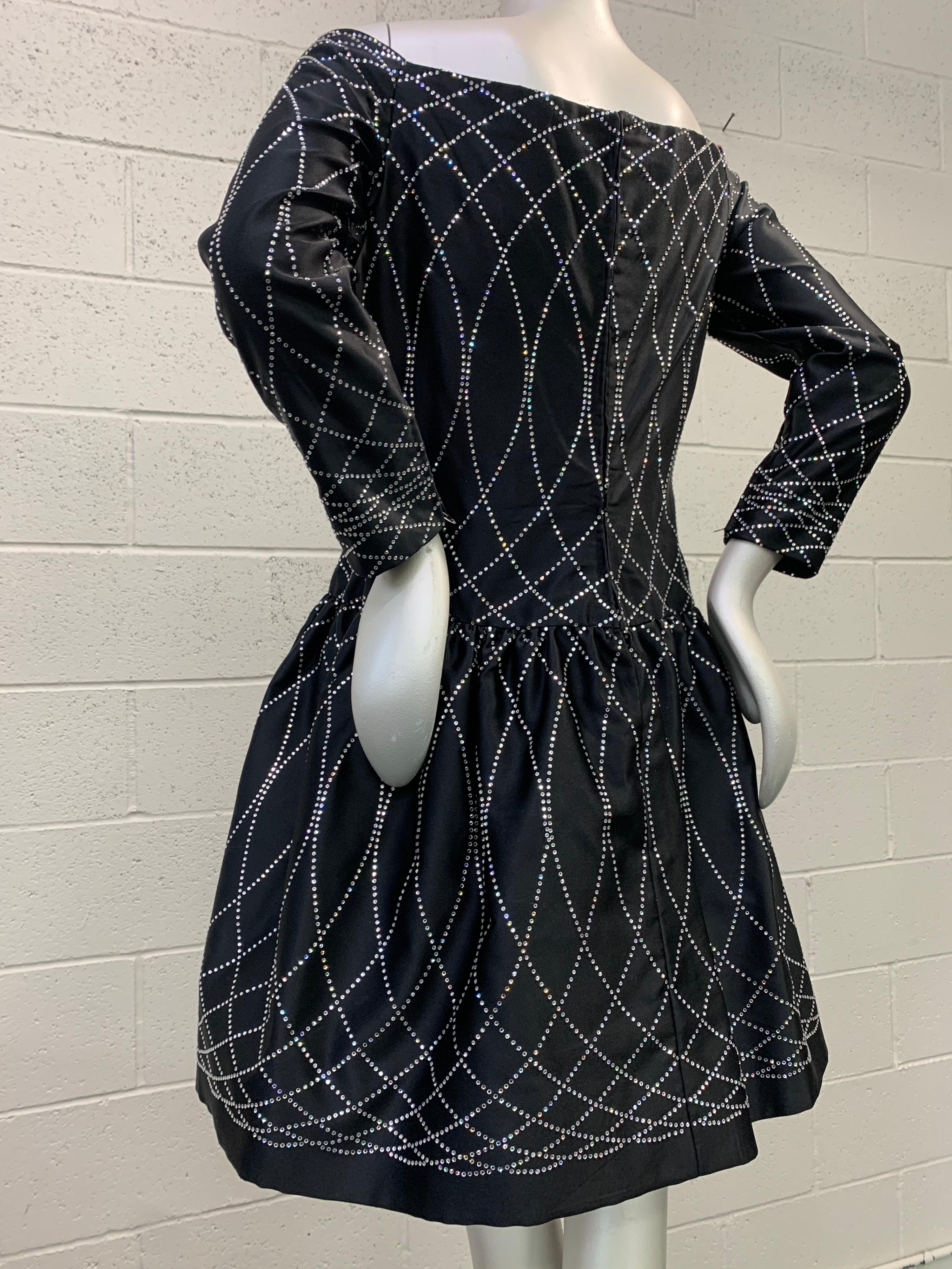 1980 Arnold Scaasi Black Silk Satin Cocktail Dress W/ Rhinestone Decoration For Sale 10