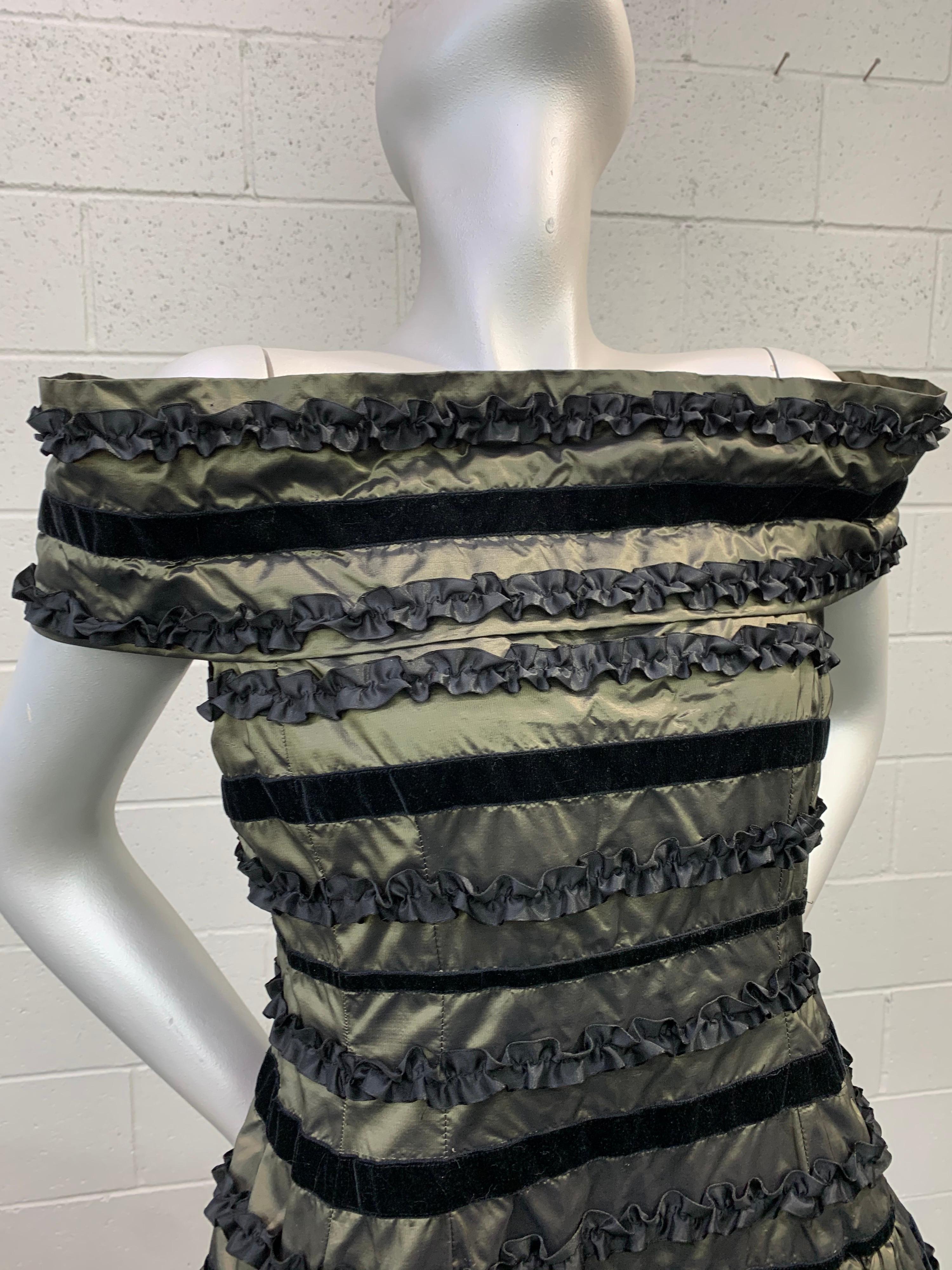 1980 Arnold Scaasi Silk Changeant Cocktail Dress w/ Black Velvet & Ruffle Stripe For Sale 5