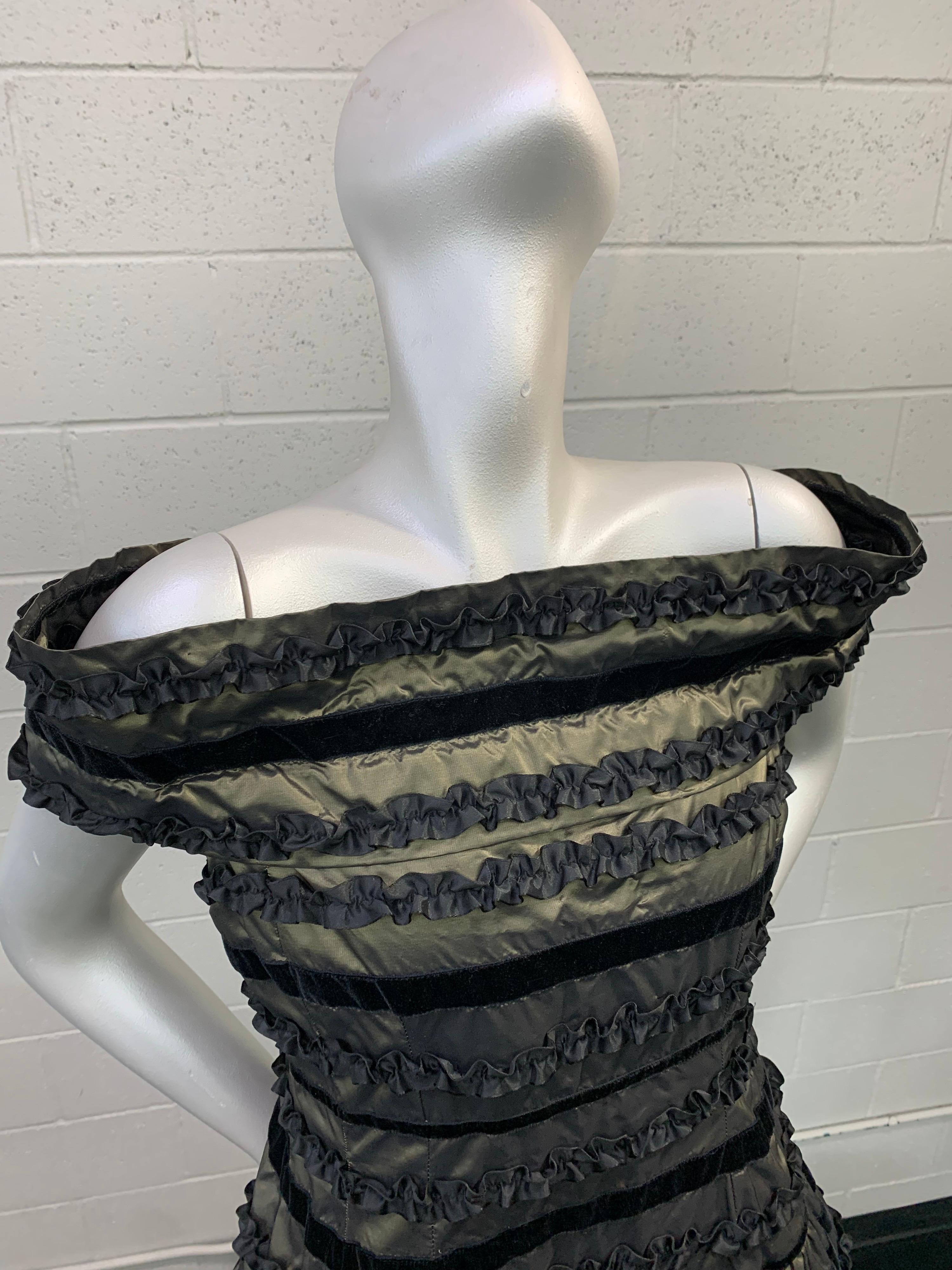 1980 Arnold Scaasi Silk Changeant Cocktail Dress w/ Black Velvet & Ruffle Stripe For Sale 6