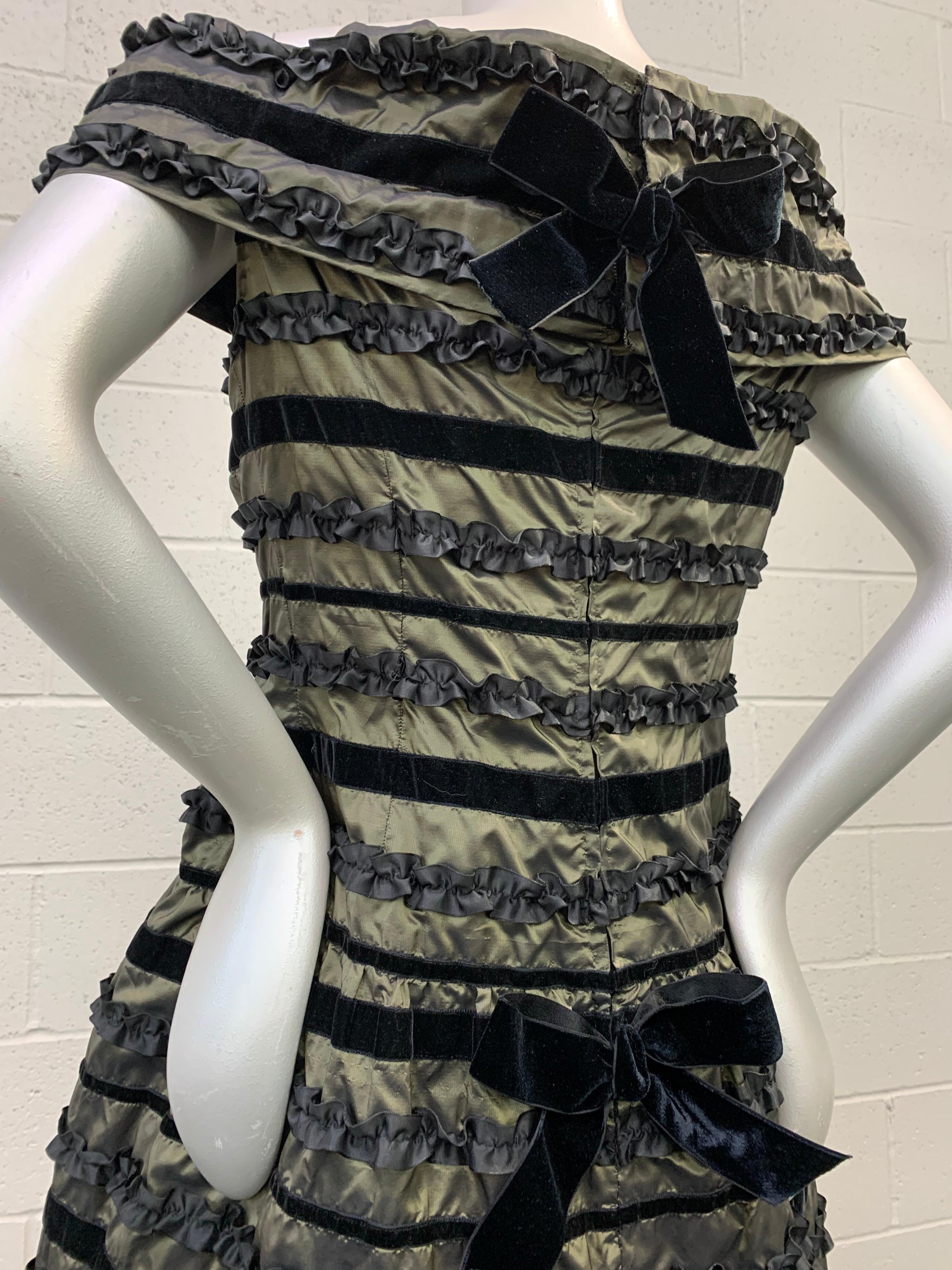 1980 Arnold Scaasi Silk Changeant Cocktail Dress w/ Black Velvet & Ruffle Stripe For Sale 9