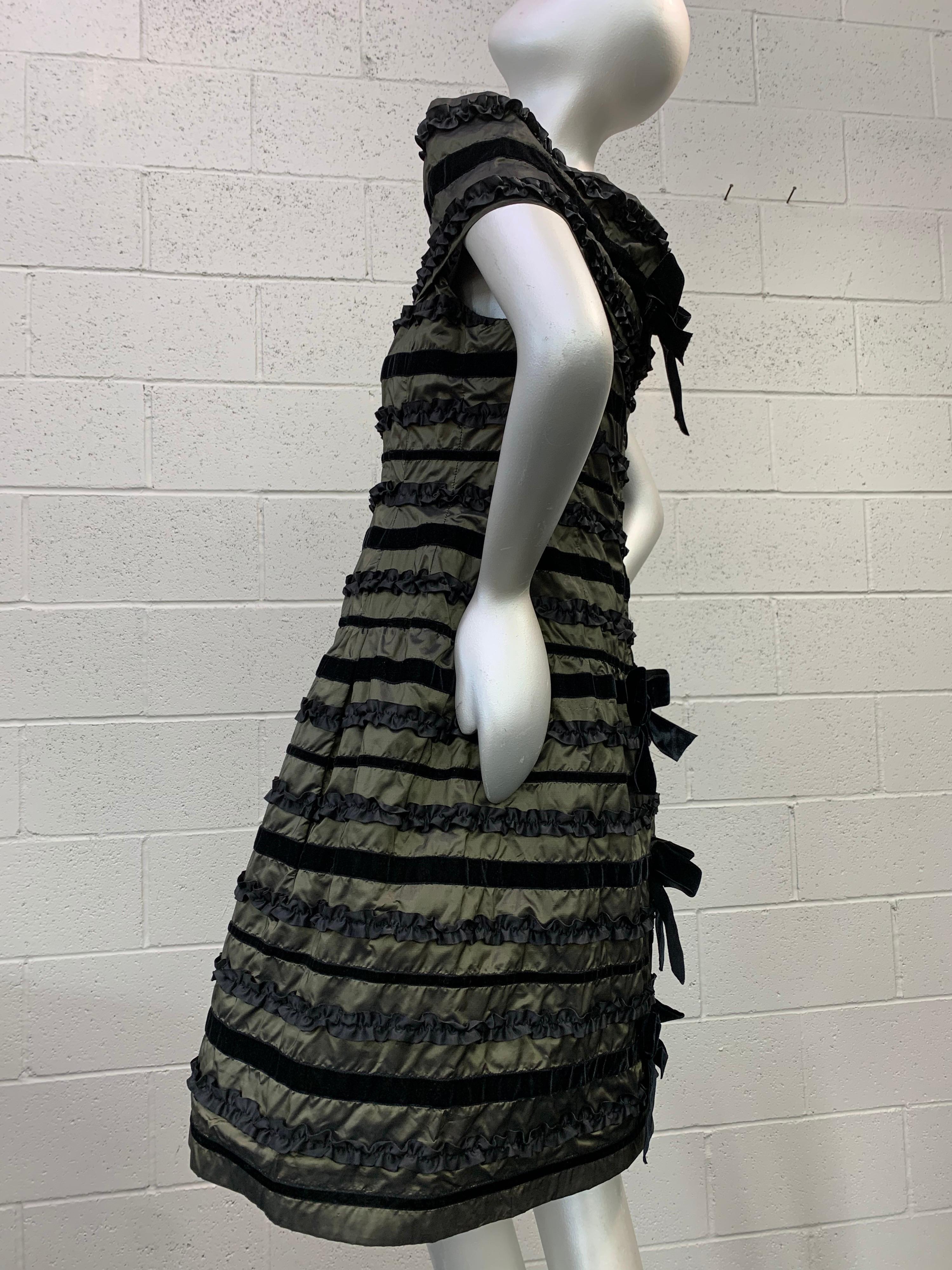 1980 Arnold Scaasi Silk Changeant Cocktail Dress w/ Black Velvet & Ruffle Stripe In Excellent Condition For Sale In Gresham, OR