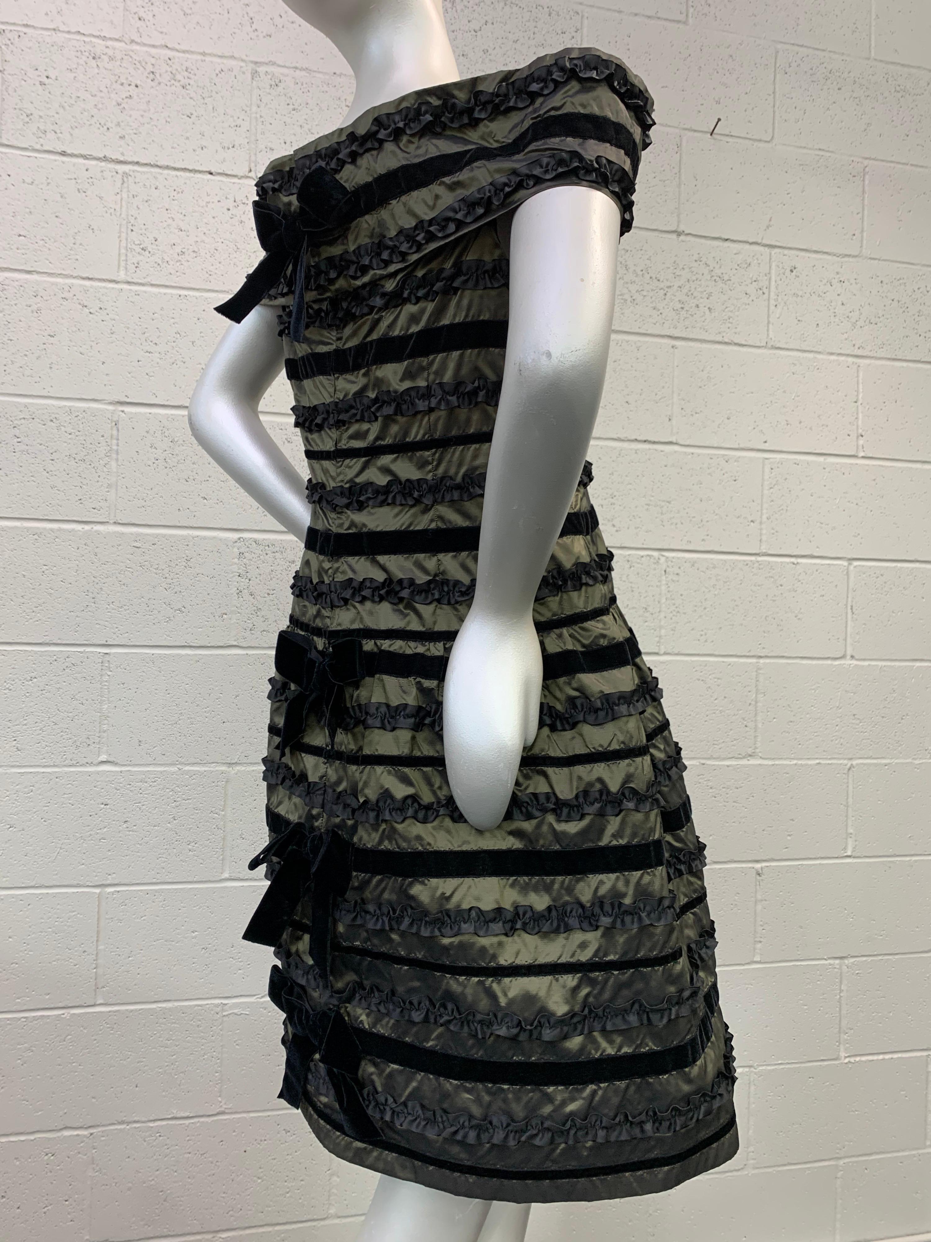 1980 Arnold Scaasi Silk Changeant Cocktail Dress w/ Black Velvet & Ruffle Stripe For Sale 3