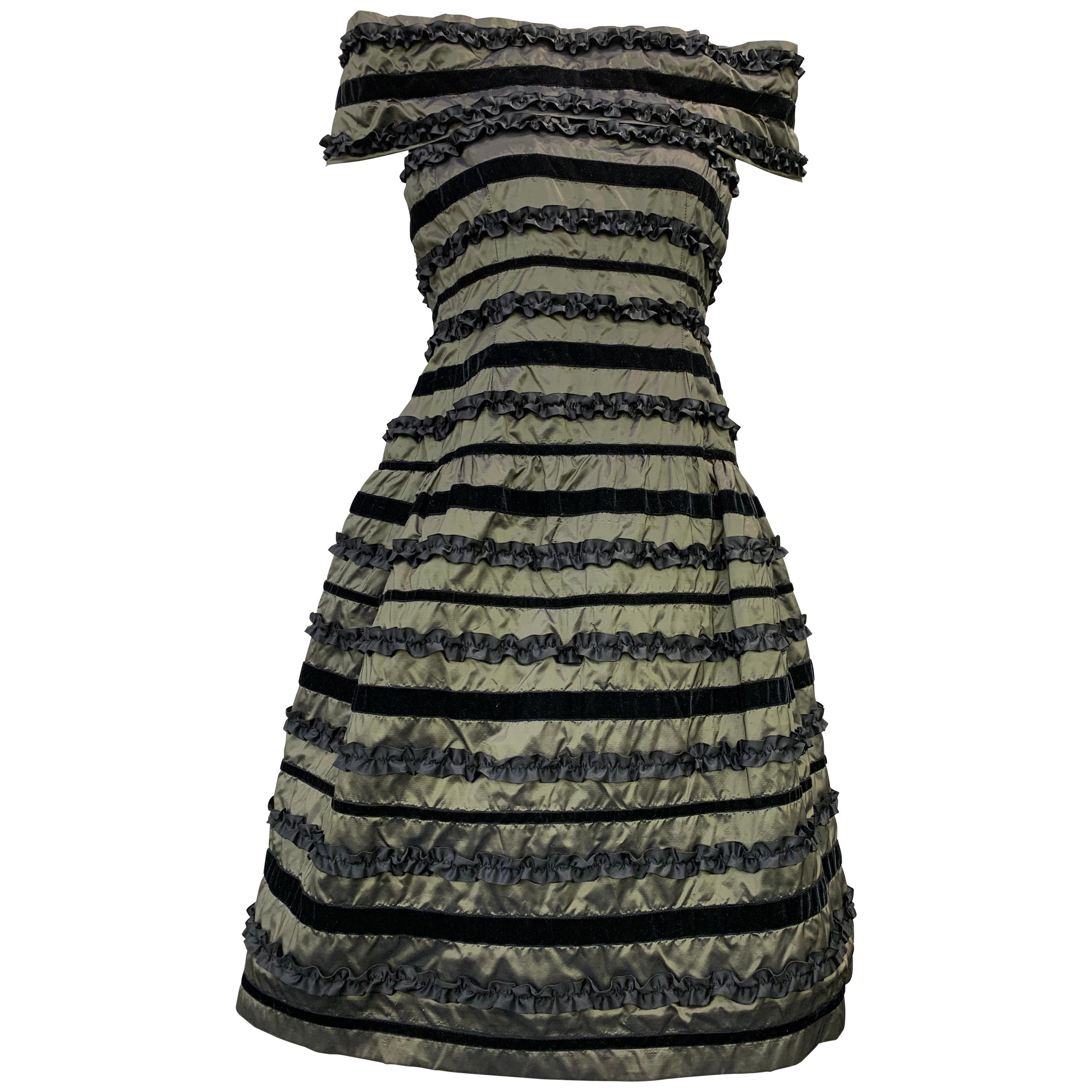 1980 Arnold Scaasi Silk Changeant Cocktail Dress w/ Black Velvet & Ruffle Stripe For Sale