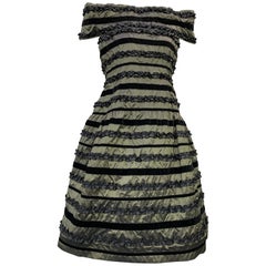 Retro 1980 Arnold Scaasi Silk Changeant Cocktail Dress w/ Black Velvet & Ruffle Stripe