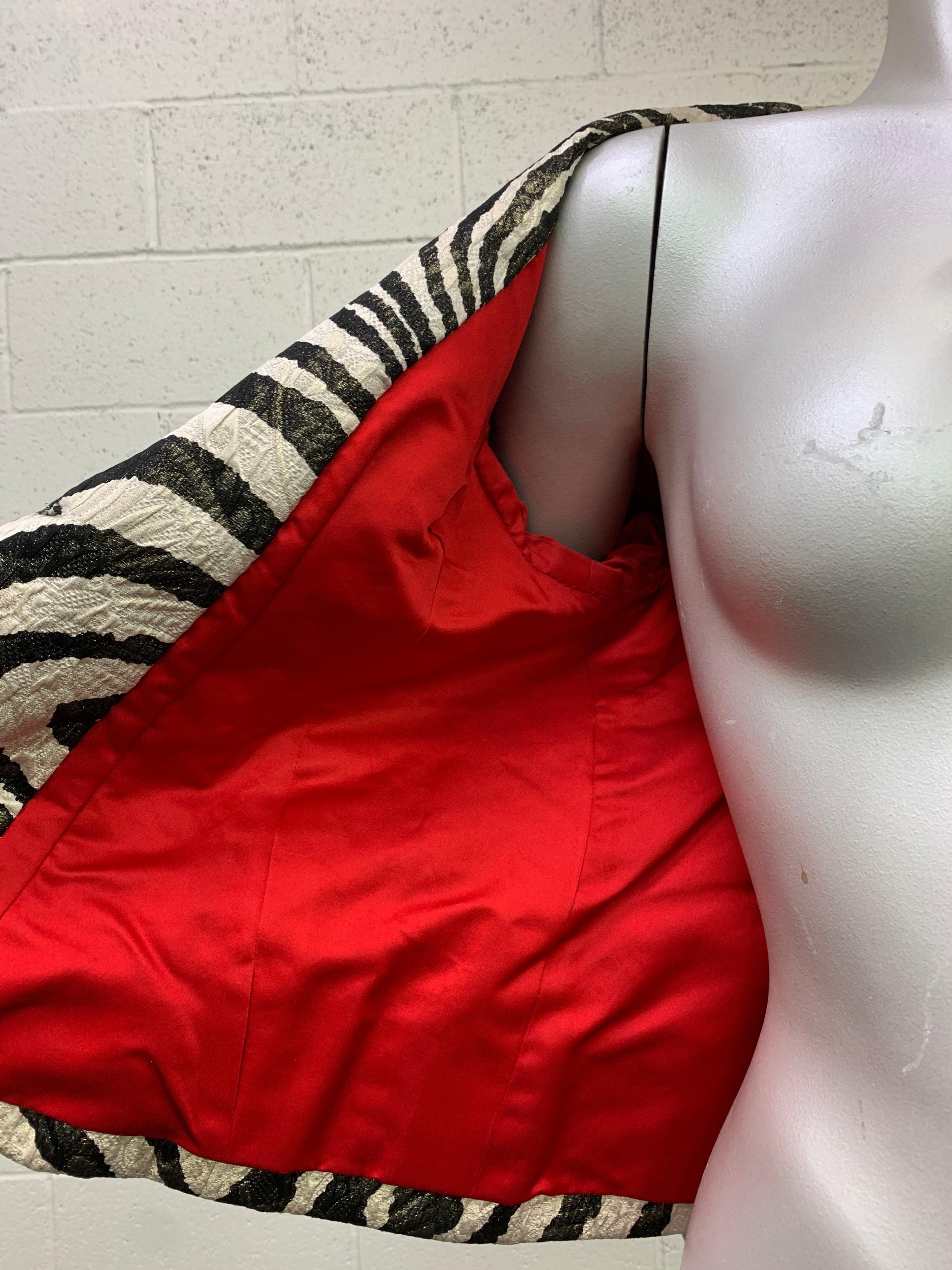 1980 Arnold Scaasi Zebra Print Matelasse Brocade & Red Silk Lined Evening Jacket For Sale 7