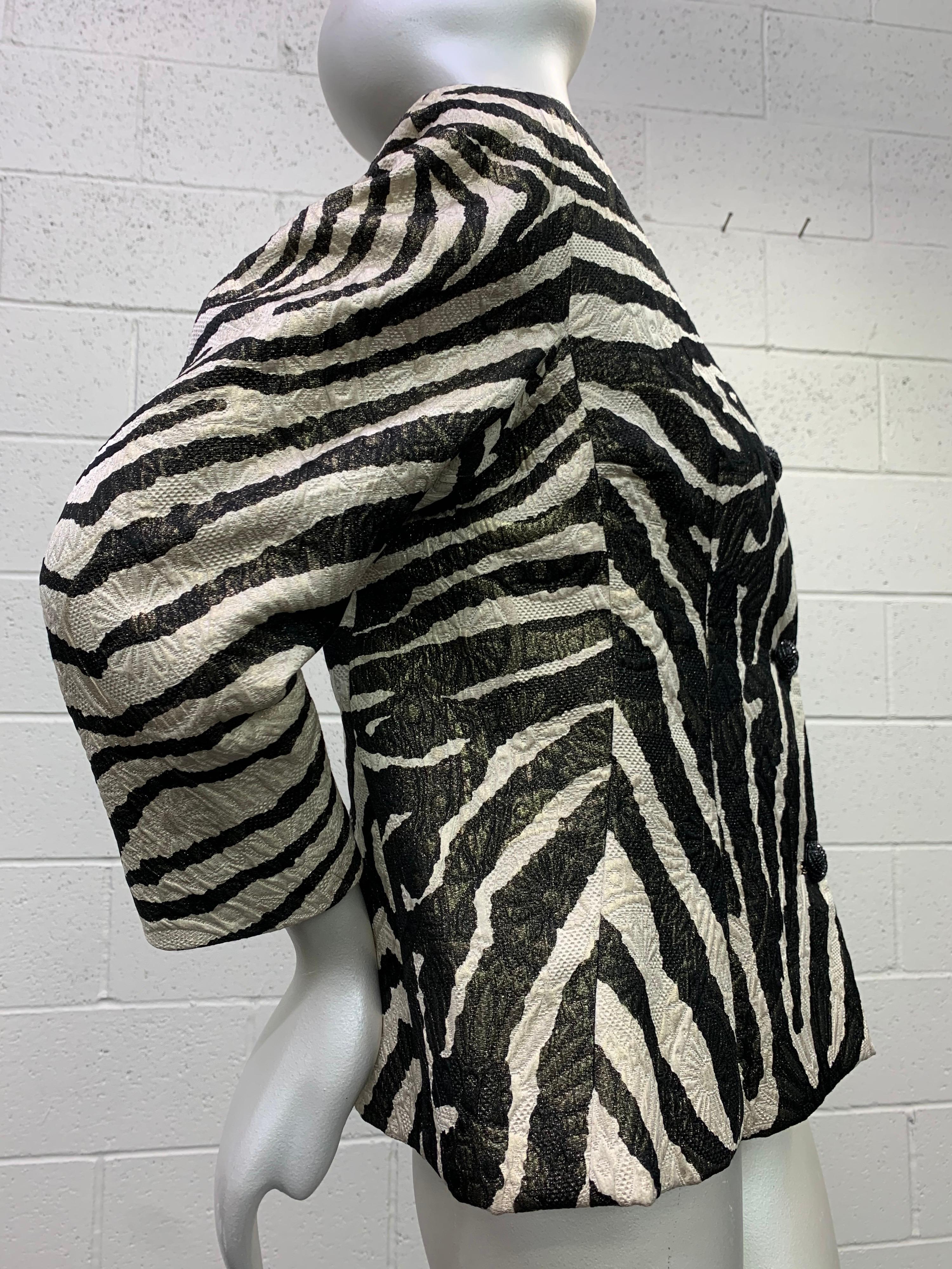 Women's 1980 Arnold Scaasi Zebra Print Matelasse Brocade & Red Silk Lined Evening Jacket For Sale