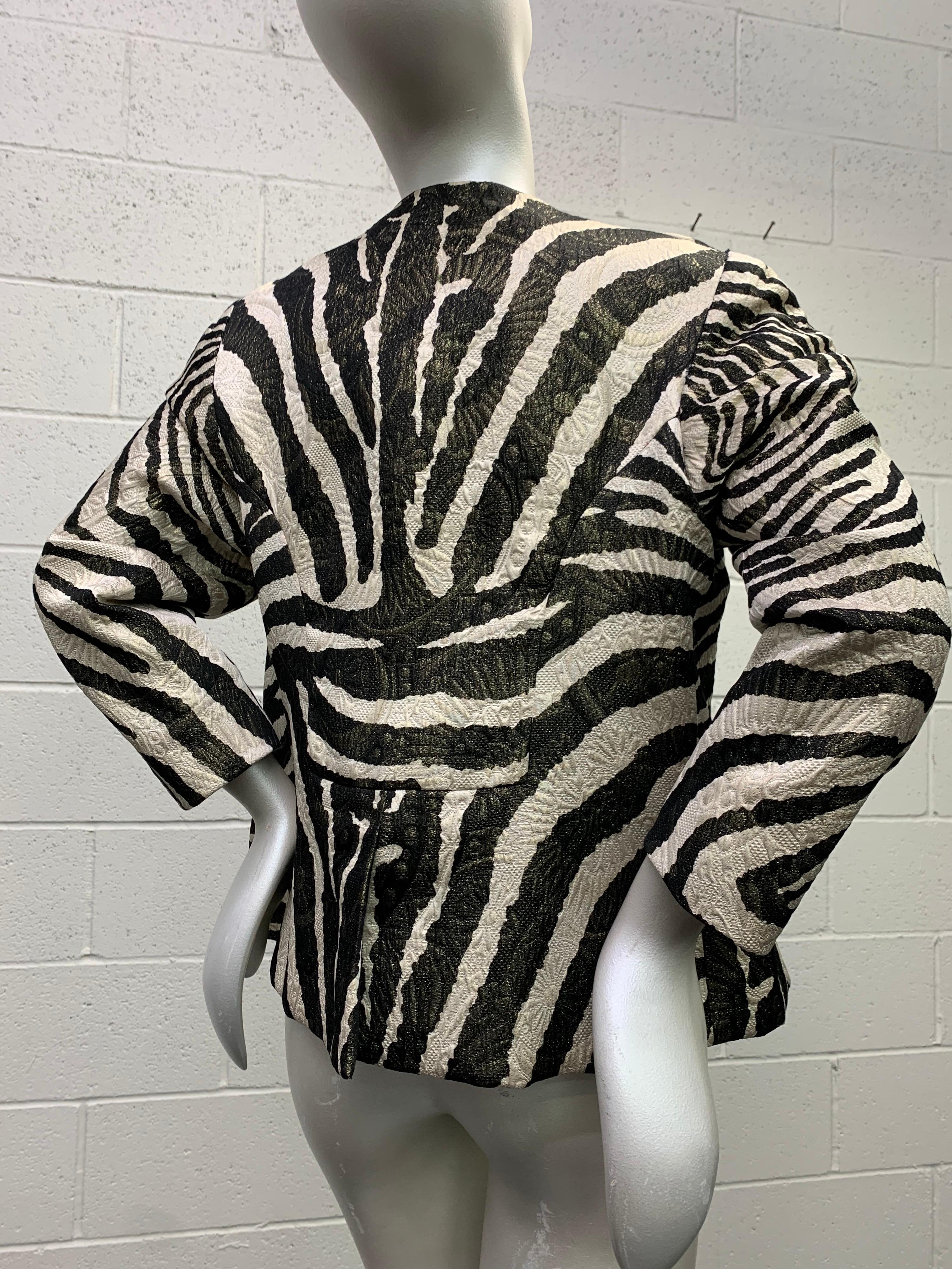 1980 Arnold Scaasi Zebra Print Matelasse Brocade & Red Silk Lined Evening Jacket For Sale 2