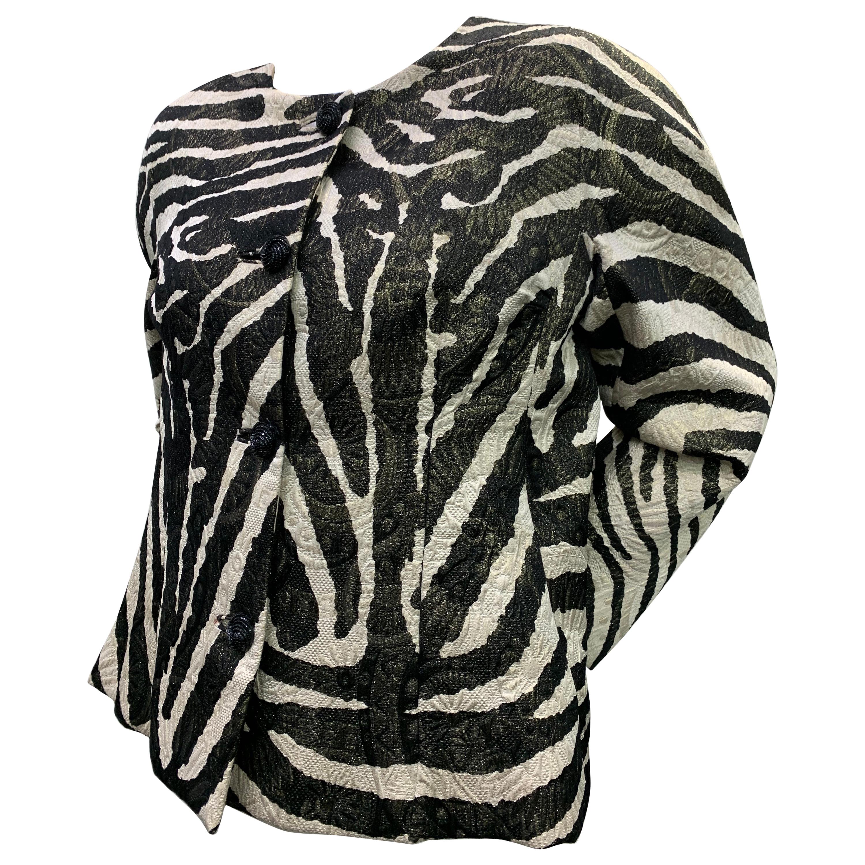 1980 Arnold Scaasi Zebra Print Matelasse Brocade & Red Silk Lined Evening Jacket For Sale