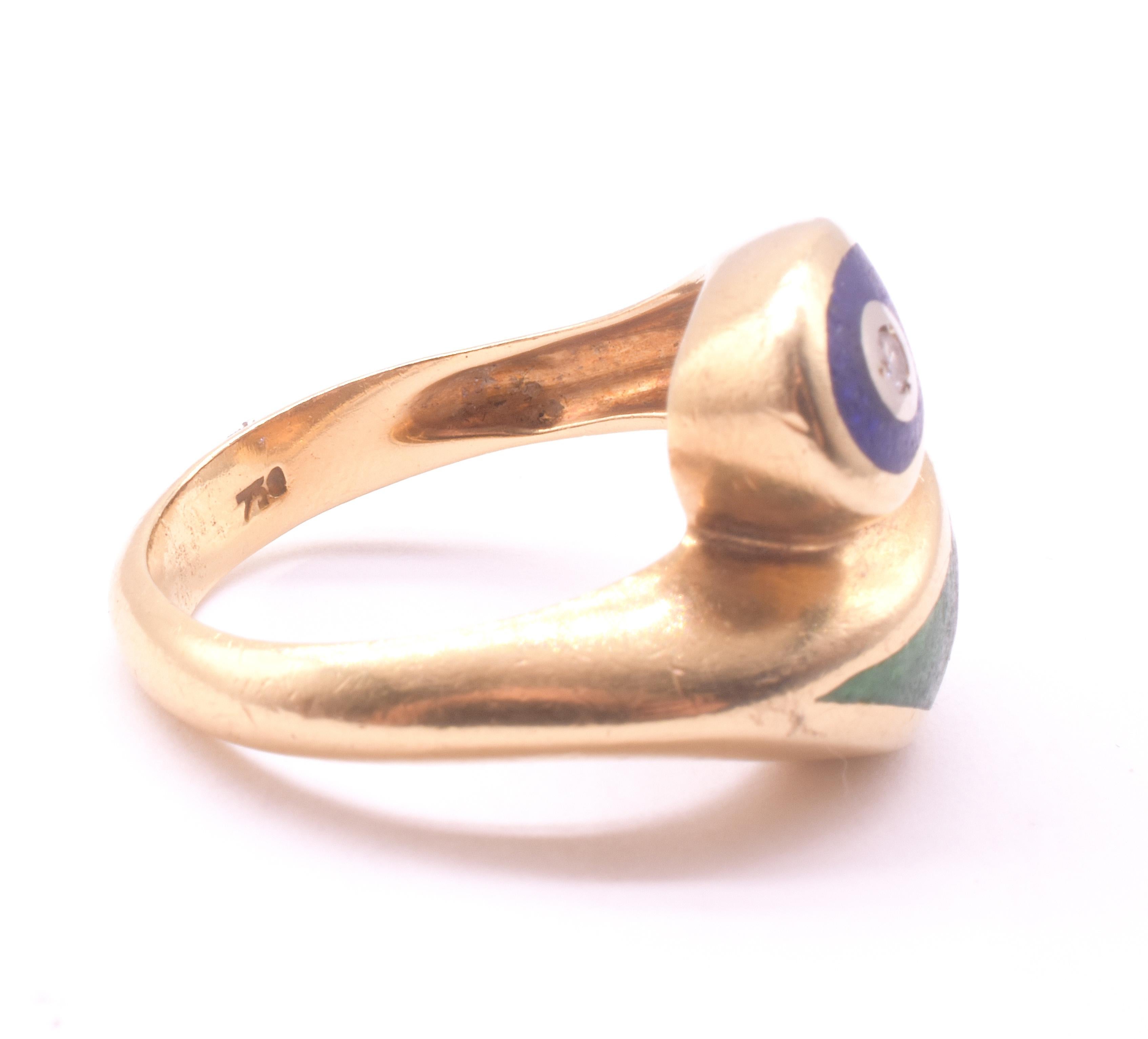 1980 Art Deco Revival Green & Blue Enamel Snake Ring w diamond accents For Sale 6