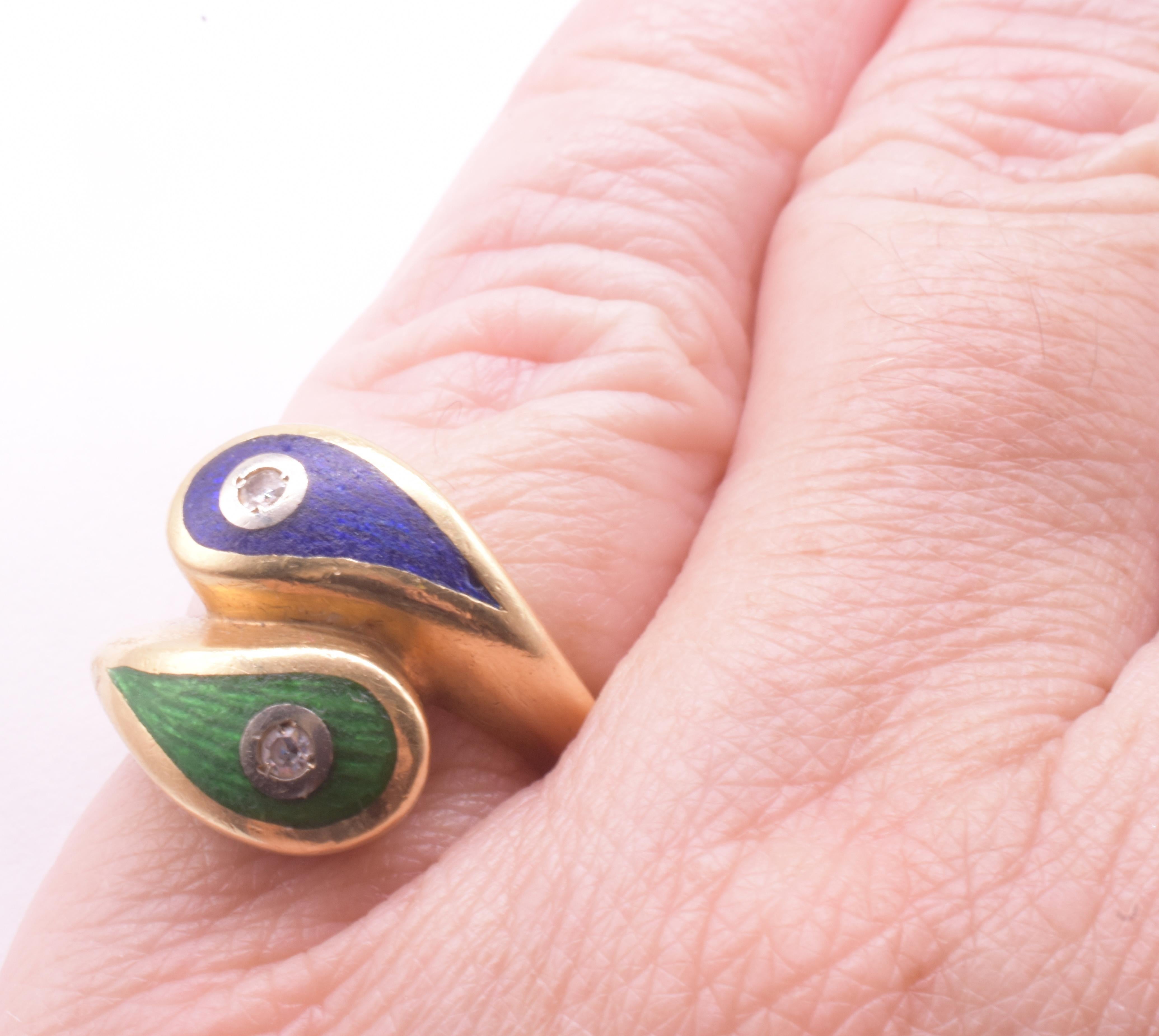 1980 Art Deco Revival Green & Blue Enamel Snake Ring w diamond accents For Sale 7