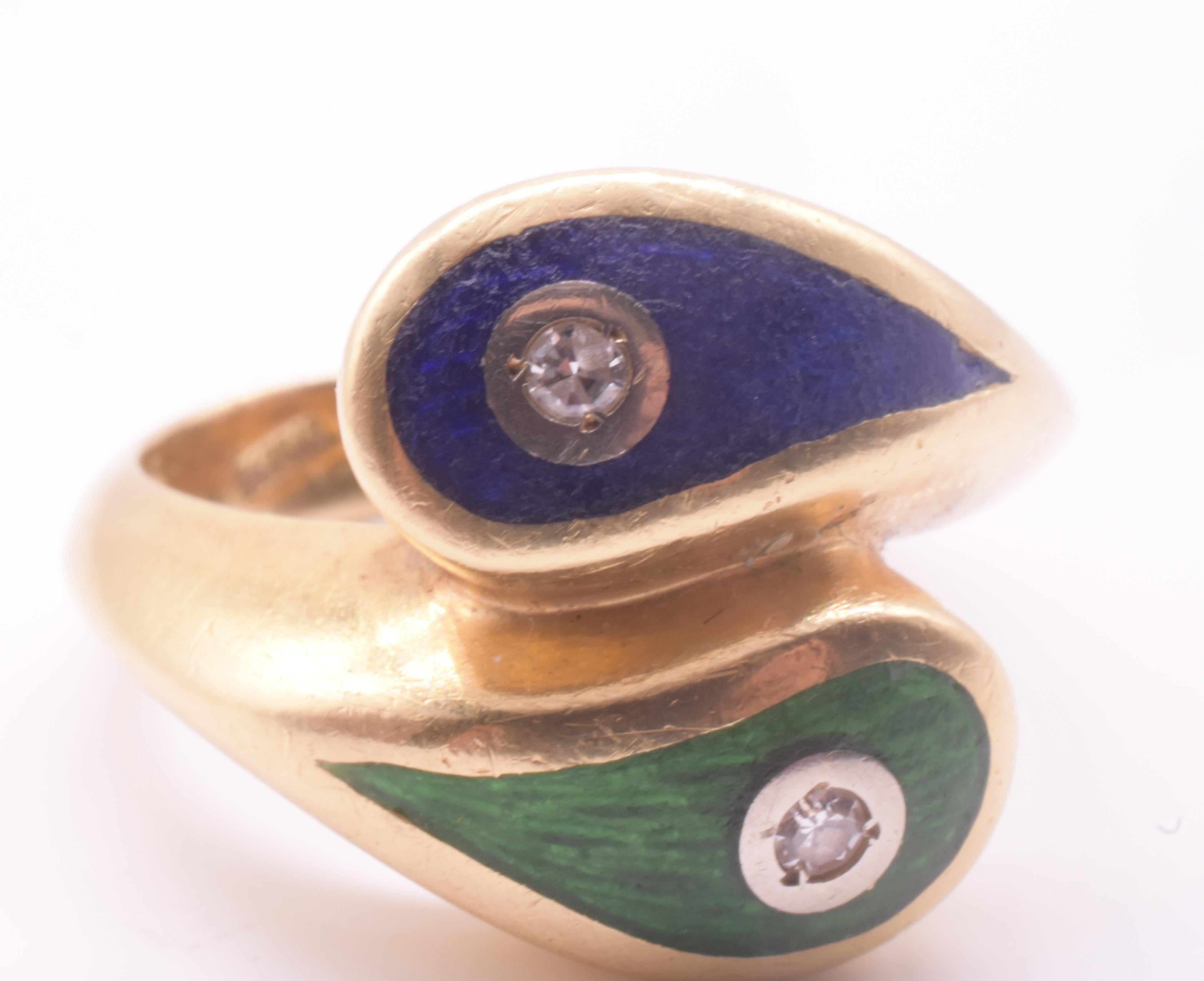 1980 Art Deco Revival Green & Blue Enamel Snake Ring w diamond accents For Sale 9