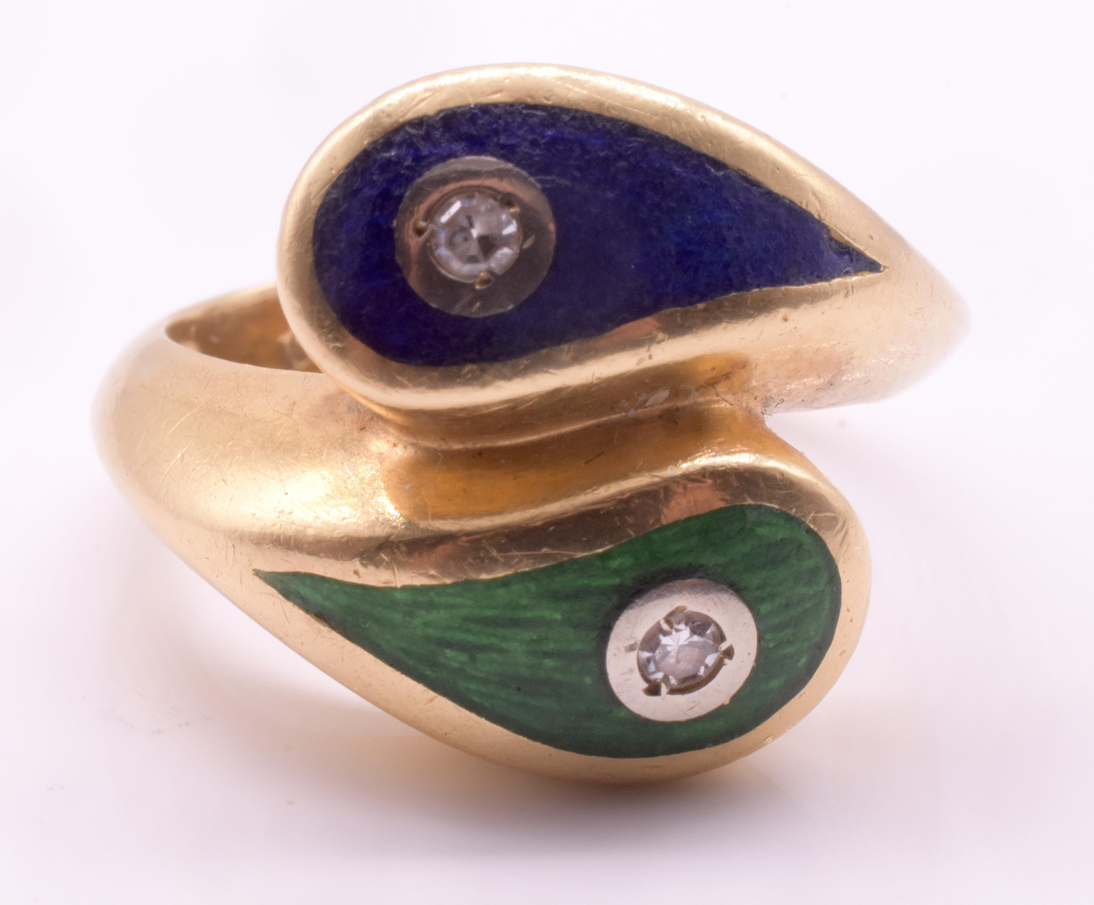1980 Art Deco Revival Green & Blue Enamel Snake Ring w diamond accents For Sale 10