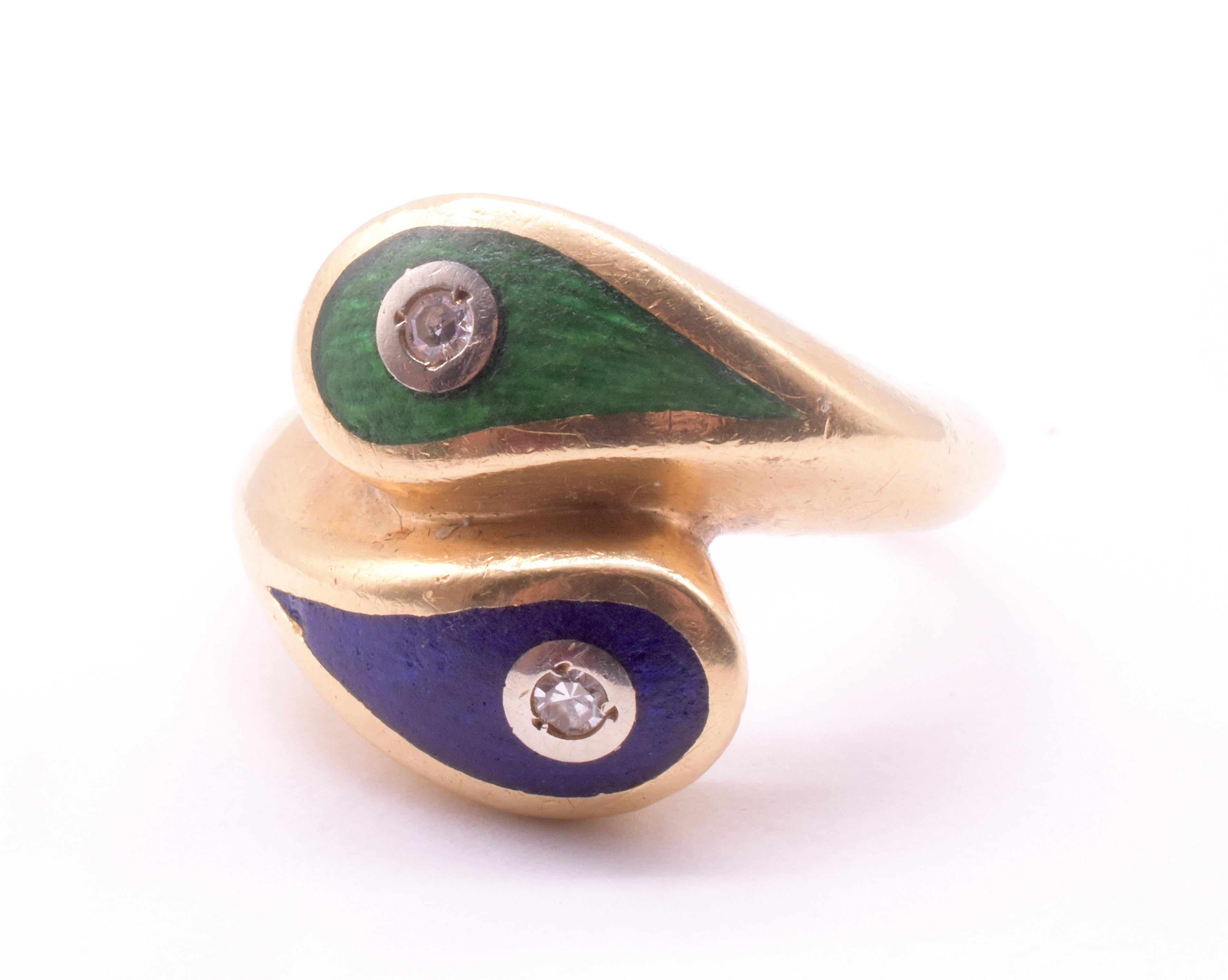 1980 Art Deco Revival Green & Blue Enamel Snake Ring w diamond accents In Excellent Condition For Sale In Baltimore, MD