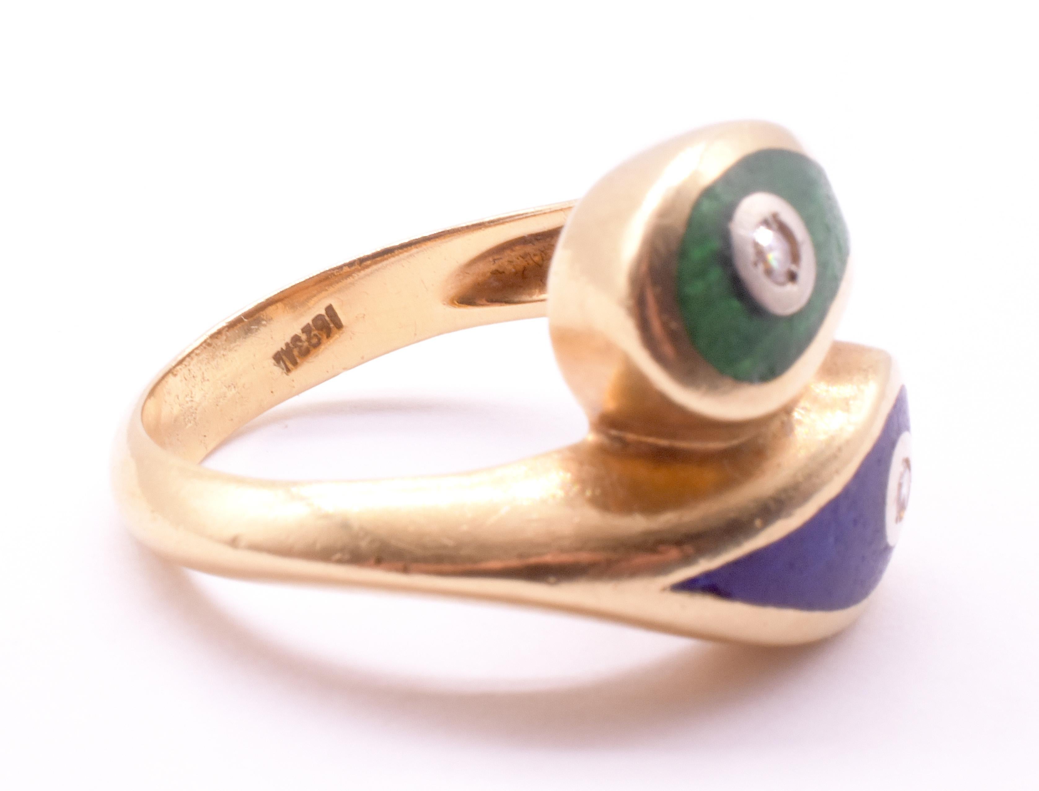 Women's or Men's 1980 Art Deco Revival Green & Blue Enamel Snake Ring w diamond accents For Sale
