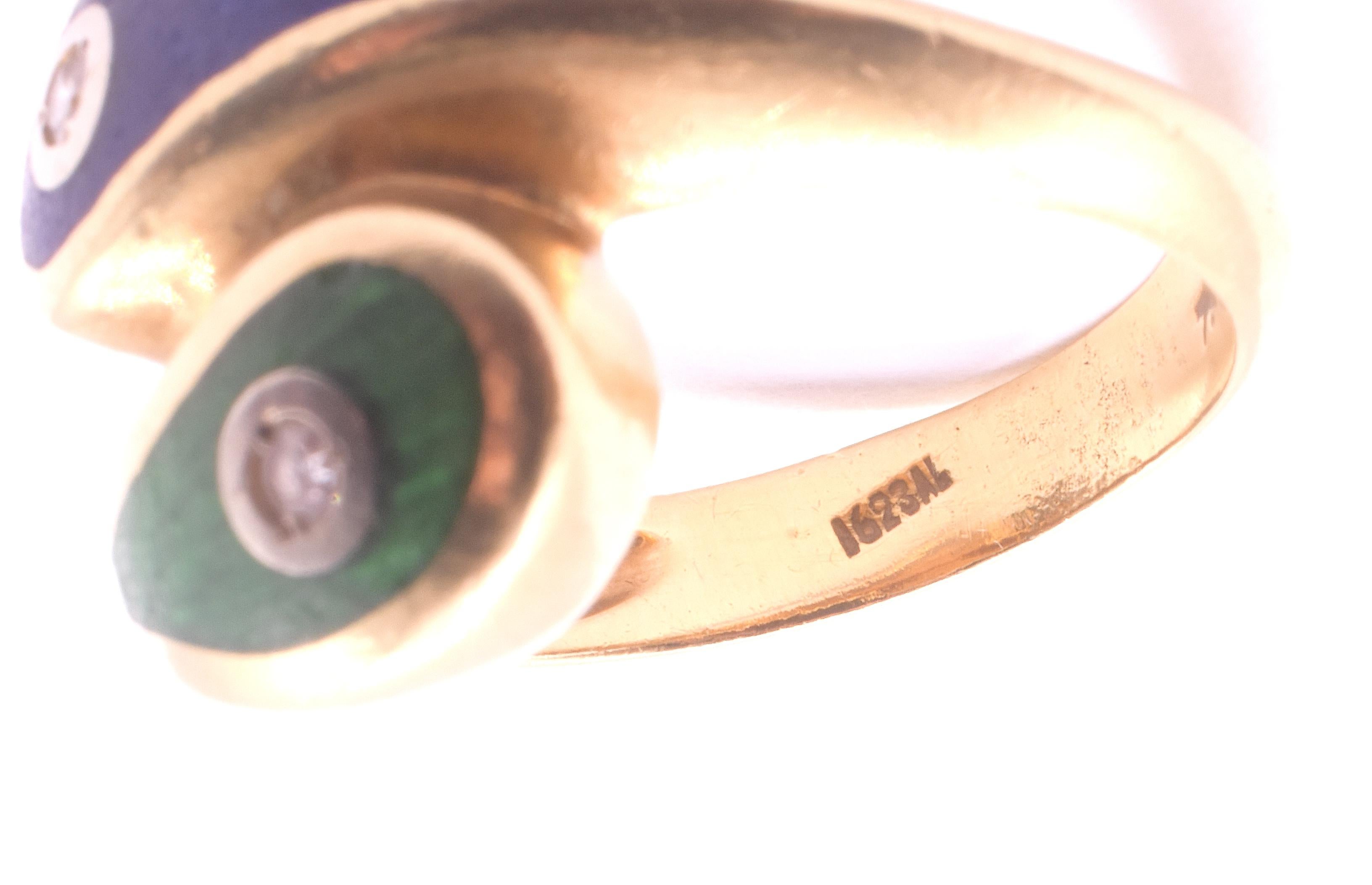 1980 Art Deco Revival Green & Blue Enamel Snake Ring w diamond accents For Sale 1