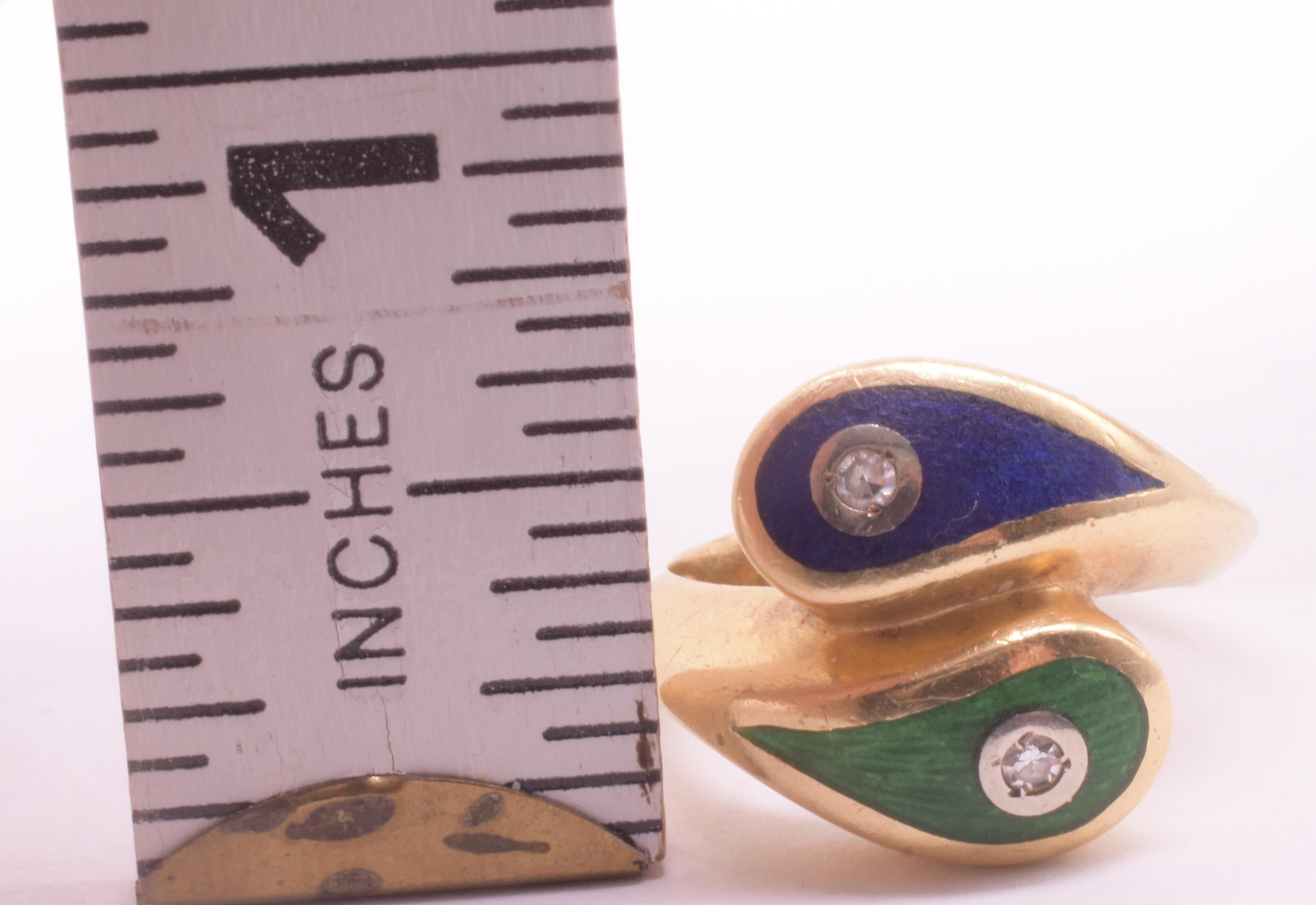 1980 Art Deco Revival Green & Blue Enamel Snake Ring w diamond accents For Sale 3