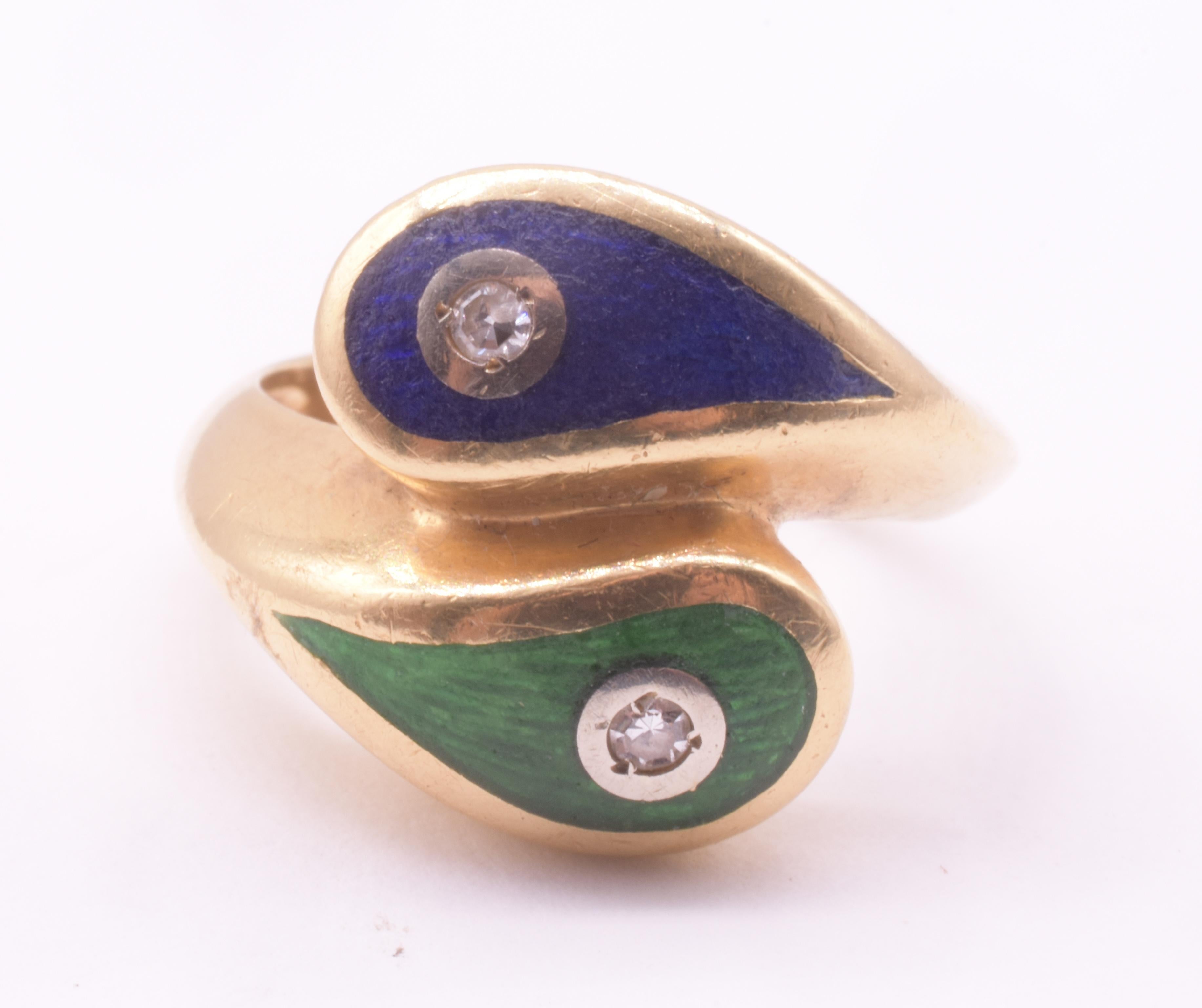 1980 Art Deco Revival Green & Blue Enamel Snake Ring w diamond accents For Sale 4