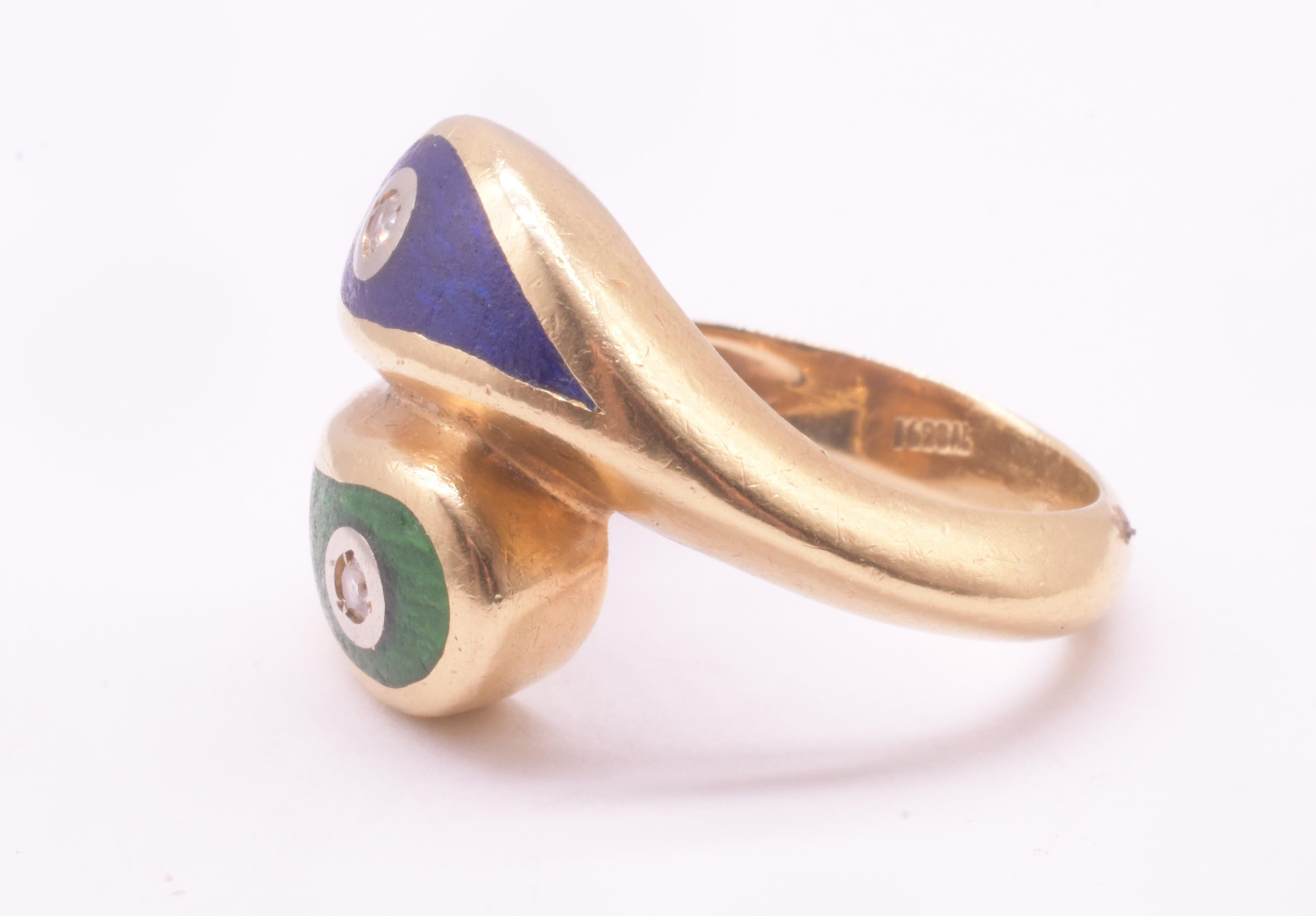 1980 Art Deco Revival Green & Blue Enamel Snake Ring w diamond accents For Sale 5