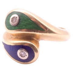 1980 Art Deco Revival Green & Blue Enamel Snake Ring w diamond accents