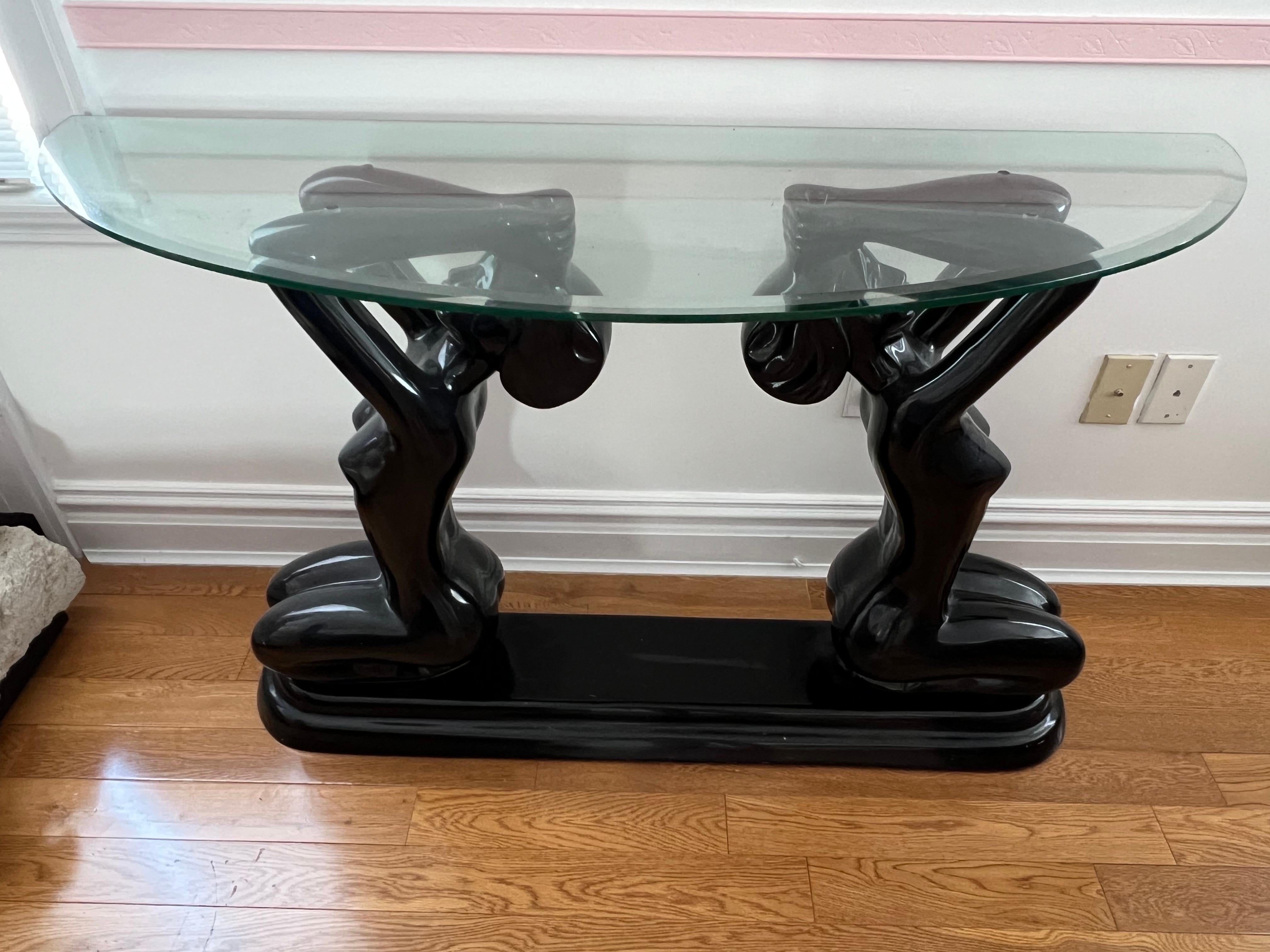1980 Art Deco Stil Schwarzer Lack Figuren Konsolentisch (Ende des 20. Jahrhunderts) im Angebot