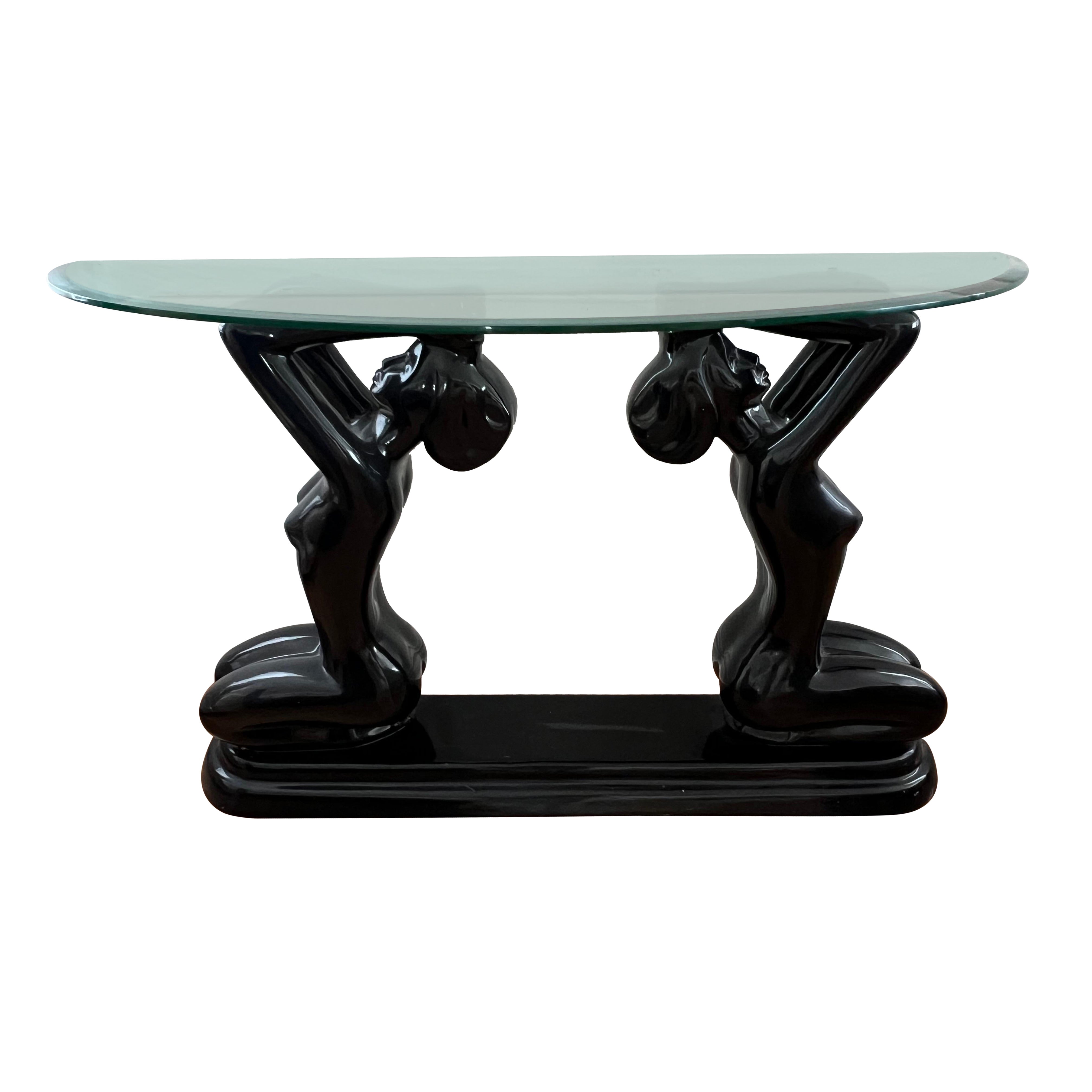 1980 Art Deco style Black Lacquer Figures Console Table