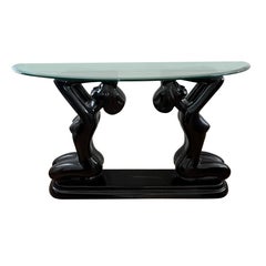 1980 Art Deco style Black Lacquer Figures Console Table