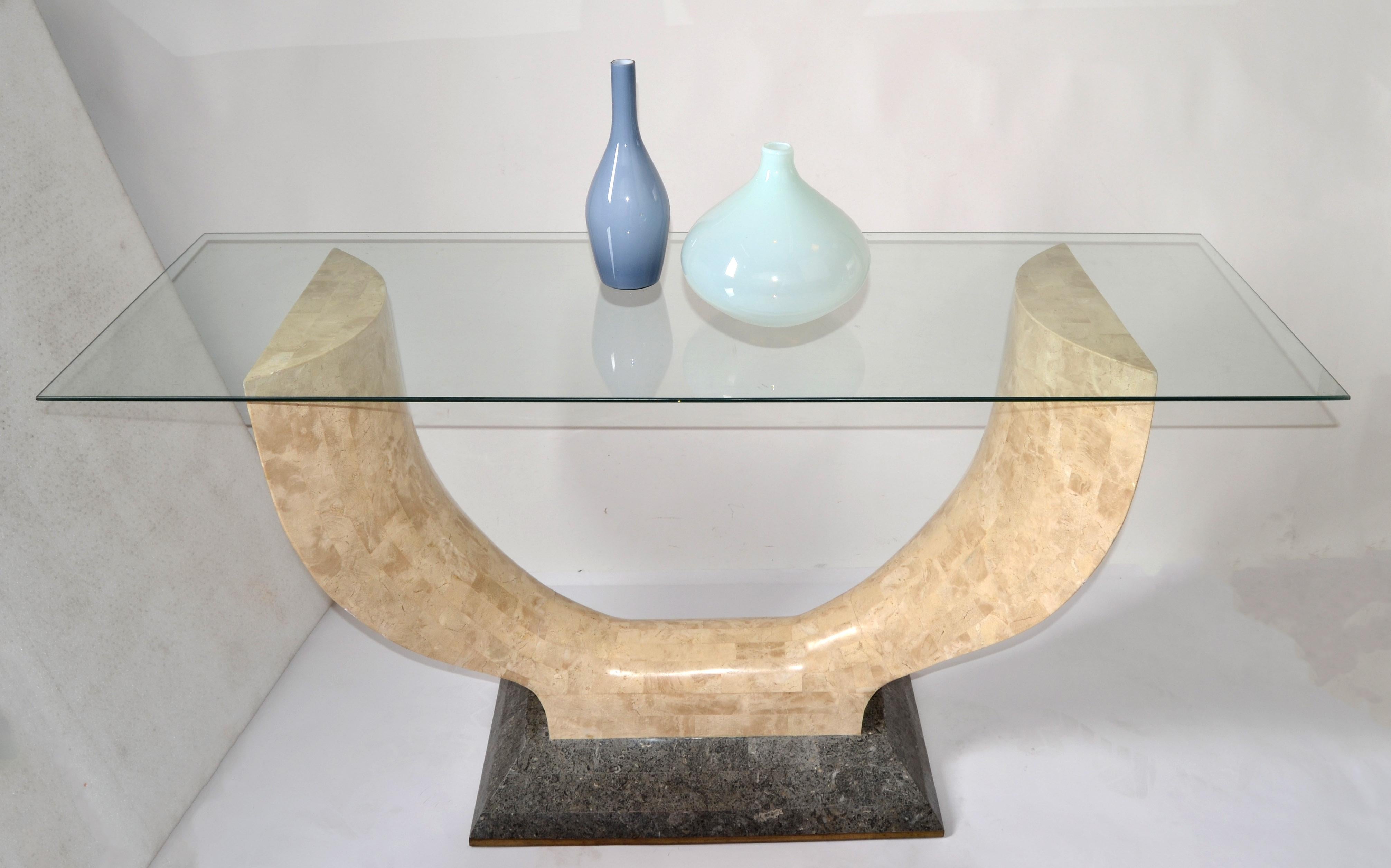 1980 Art Deco Style Maitland-Smith Tessellated Stone Marble Wood Console Table  For Sale 3