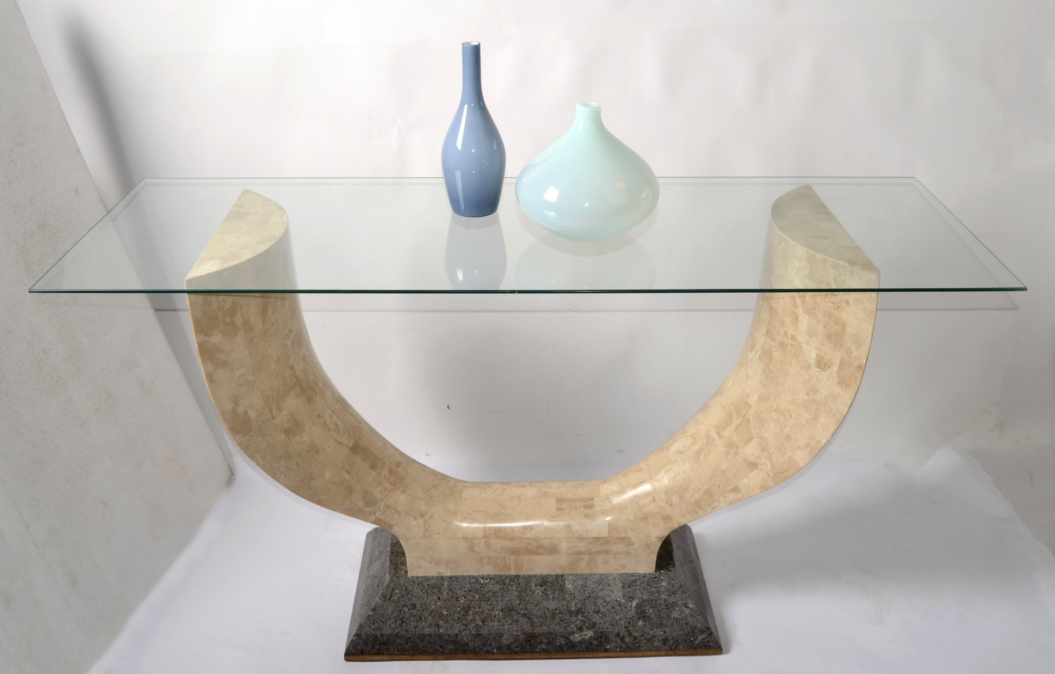 Philippine 1980 Art Deco Style Maitland-Smith Tessellated Stone Marble Wood Console Table  For Sale
