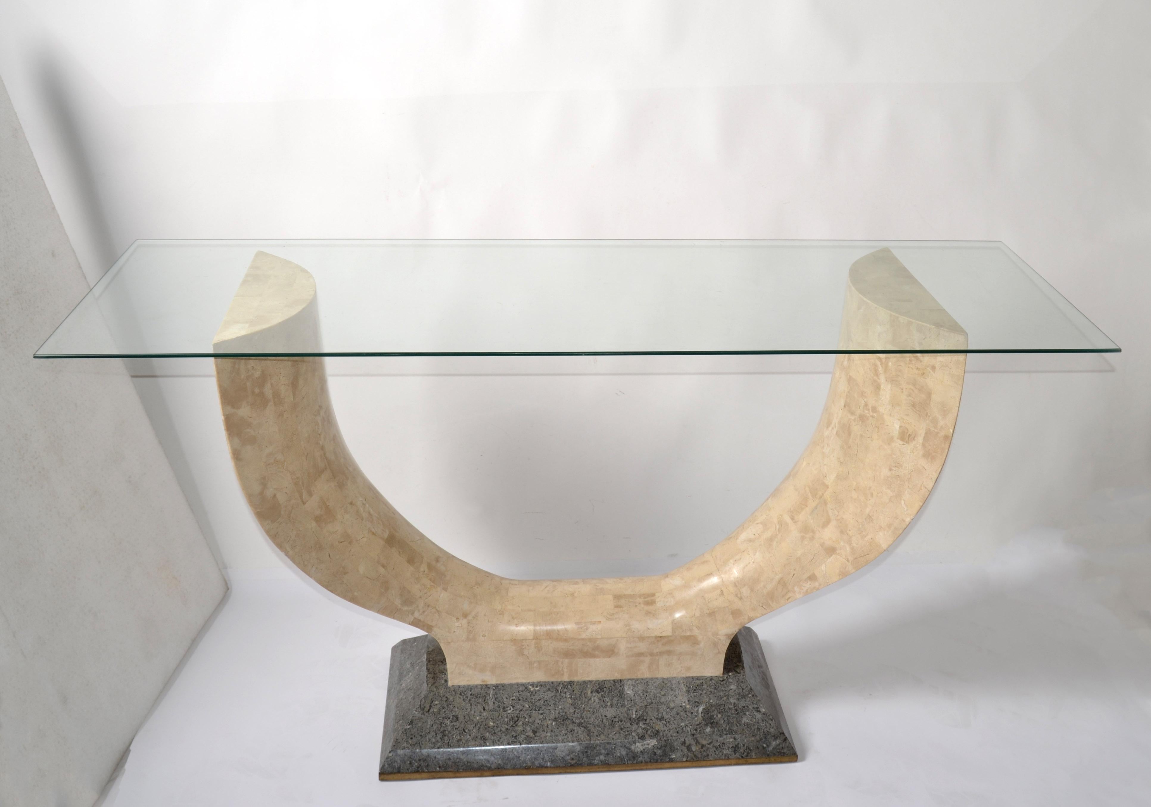 Hand-Crafted 1980 Art Deco Style Maitland-Smith Tessellated Stone Marble Wood Console Table  For Sale